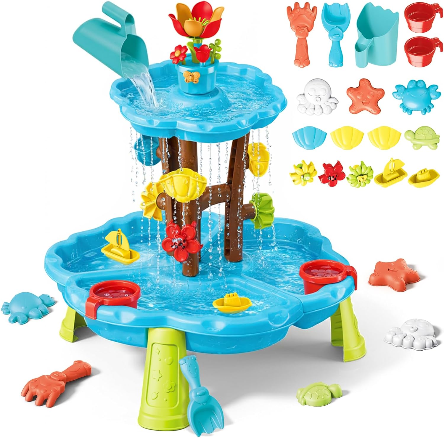 deAO Flower Water Sand Table for Kids 2-Tier Outdoor Water and Sand Play Table Toy Set with 11 Piece Water Toy Accessories Summer Gift for Boys Girls
