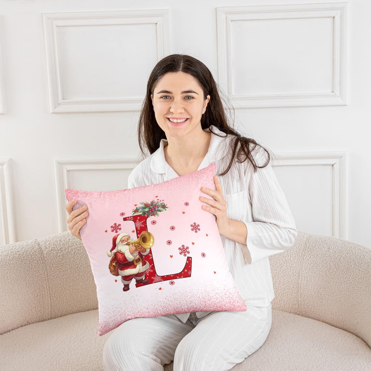 Homemissing Juego de 4 fundas de almohada con temática navideña rosa para niños, 50 x 50 cm, con iniciales del alfabeto, letra L, para niños y niñas, copos de nieve, bonita decoración de Papá Noel