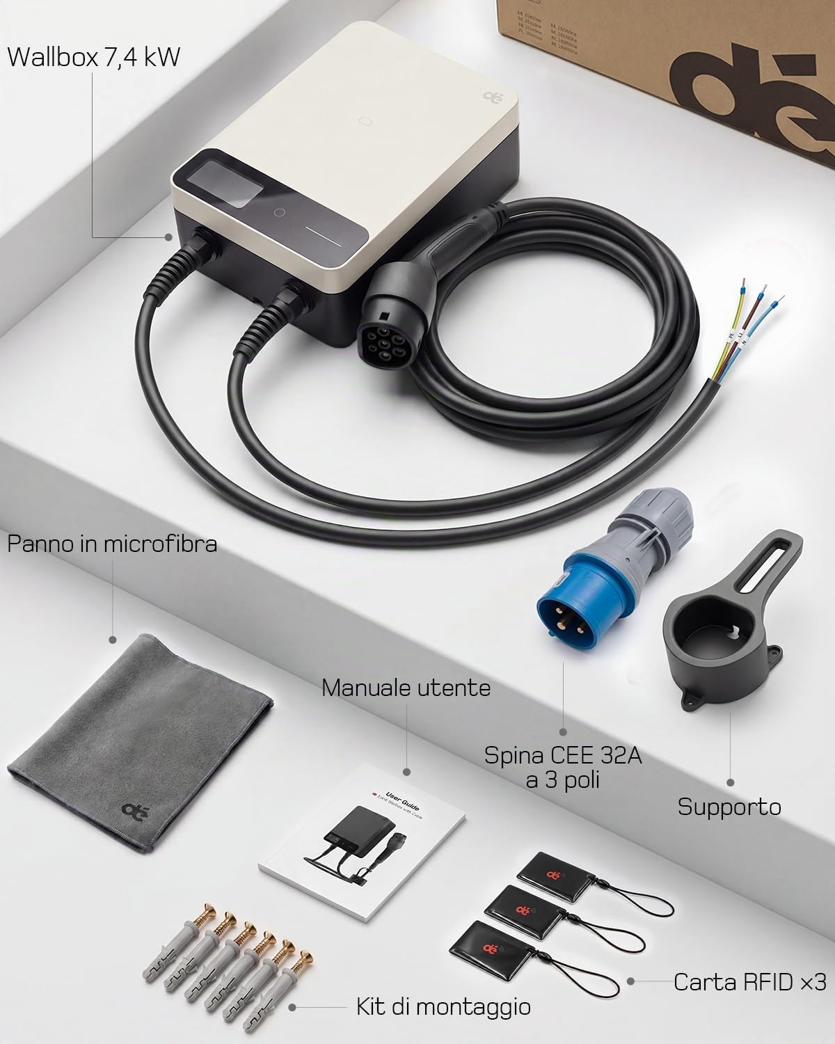 dé Wallbox 7,4 kW Tipo 2 con APP, Cavo Tipo 2 de 5m | Carichino Auto Elettrica 7,4 kW, RFID, 6-32A 230 V, Ricarica Programmata 0,5-8 h, IP54, RCD Tipo A 30 mA AC + 6 mA DC, Bianco