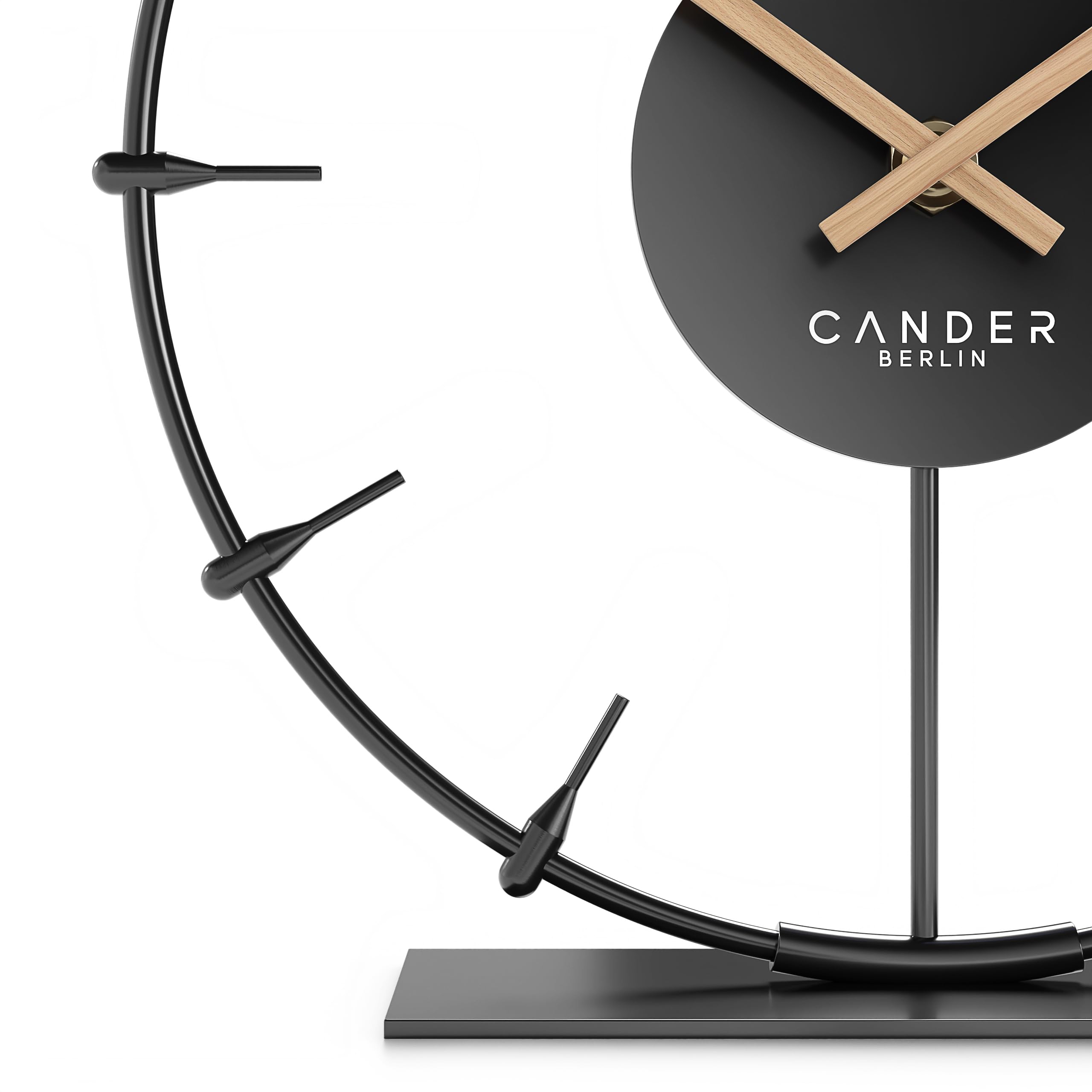 Cander Berlin Ilmera Reloj de mesa silencioso de 22 cm, metal, manecillas de madera, sin ruido de tictac, moderno, negro, salón, cocina, vintage