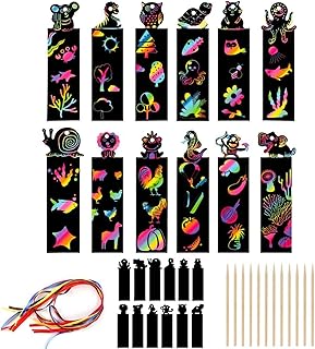 24 Pcs Magic Scratch Rainbow Bookmarks, Animal Scratch Art Bookmark Black Scratch Paper Bookmark with 24 Pcs Colourful Ribbons 24 Pcs Wooden Stylus for DIY, Christmas Gifts for Kids