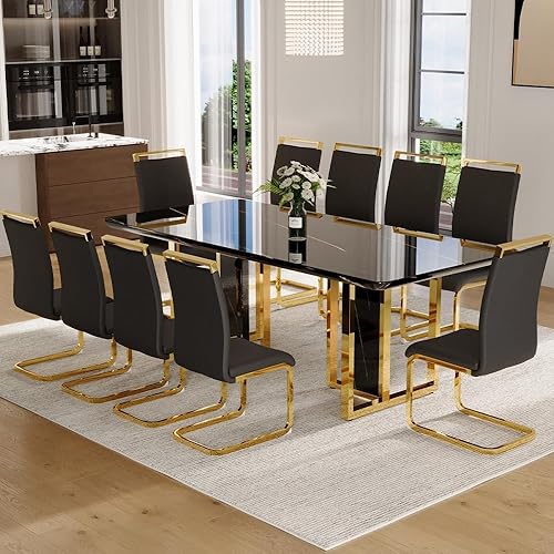 Miniatura 8 de Juego de mesa de comedor MEMUY para 8, 79" Juego de mesa de comedor de mármol falso para 8 con superficie brillante blanca, juego moderno de mesa de