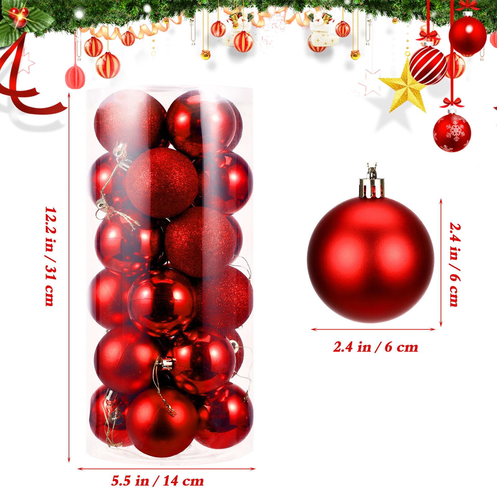 Housoutil 24 Pcs Weihnachtskugeln mit Glänzendem Plattierungsdesign Rote aus Kunststoff als Christbaum Anhänger für Weihnachtsbaum und Festliche Dekoration im Zuhause und Büro