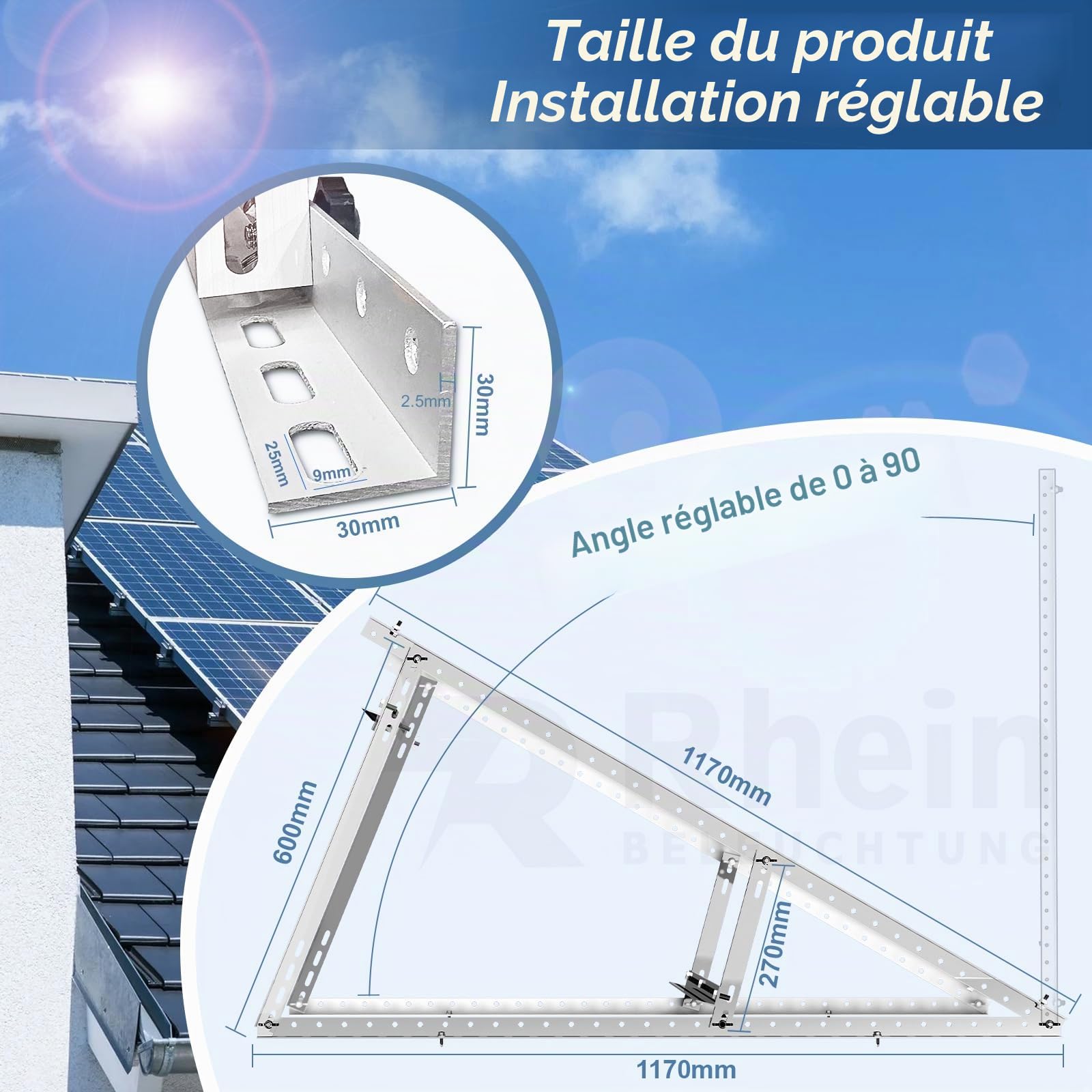 Lot de 2 supports pour centrale électrique de balcon - 117 cm - Support de panneau solaire plat pour panneaux solaires - Angle réglable de 0 à 90 ° - Compatible avec les panneaux solaires de 100 à 600
