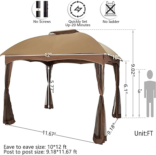 Miniatura 7 de PHI VILLA 10x12 Gazebo Canopy for Patio, Double Vent Outdoor Canopy Gazebo with Netting, Screen Patio Gazebo Heavy Duty for Garden Deck Khaki