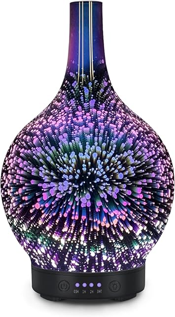 Essential Oil Diffuser Glass Aromatherapy Ultrasonic Cool Mist Aroma Diffuser, Whisper Quiet Waterless Auto Shut-Off and 7-Color Changed LED for Home Office Yoga SPA 120ml (3D Fireworks)