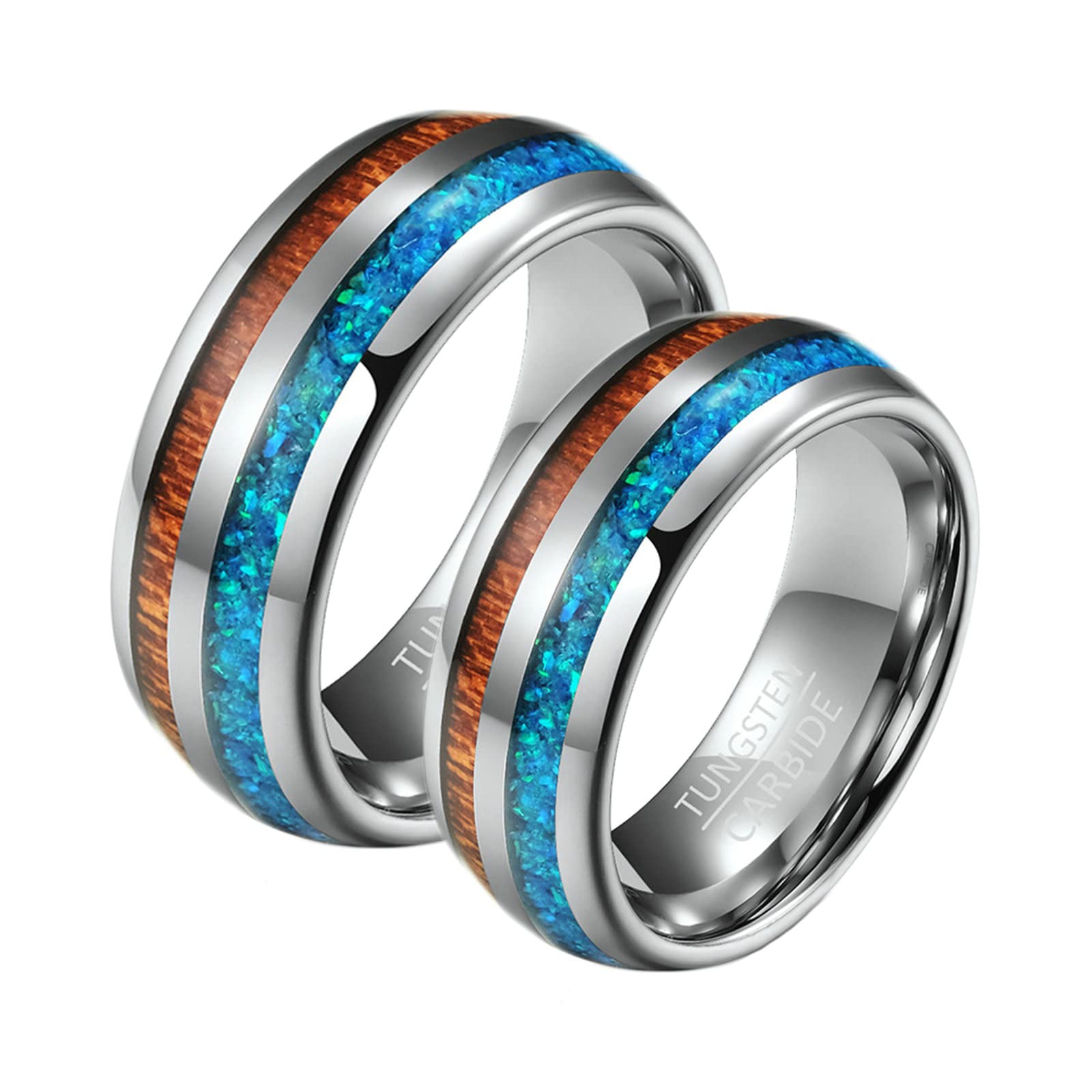 Aeici Anillo de promesa para pareja, grabado, anillo personalizable para mujer, tungsteno, anillo de plata, 8 mm, madera y ópalo, Plata