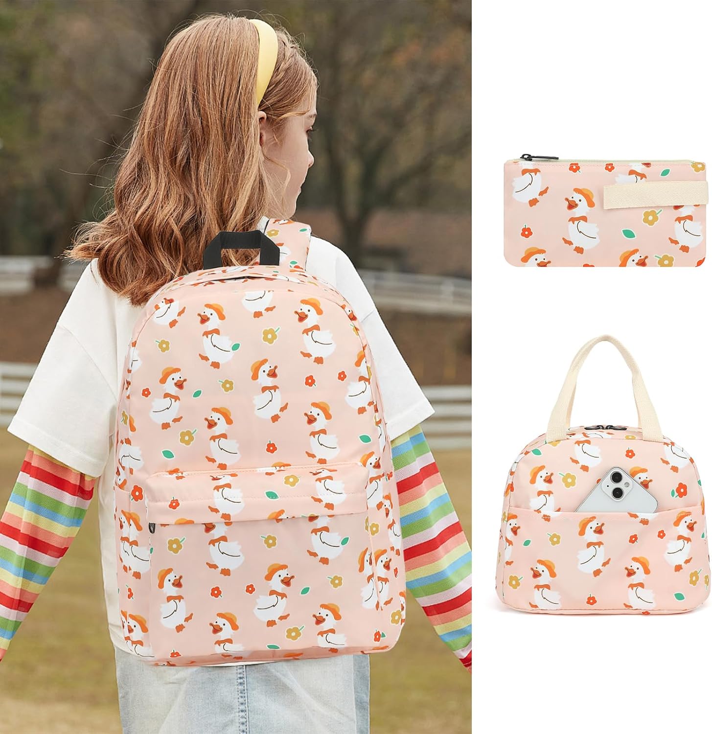 Duck School Backpack for Girls, 3Pcs Waterproof Lightweight Kids Student Backpacks with Lunch Bag and Pencil Case