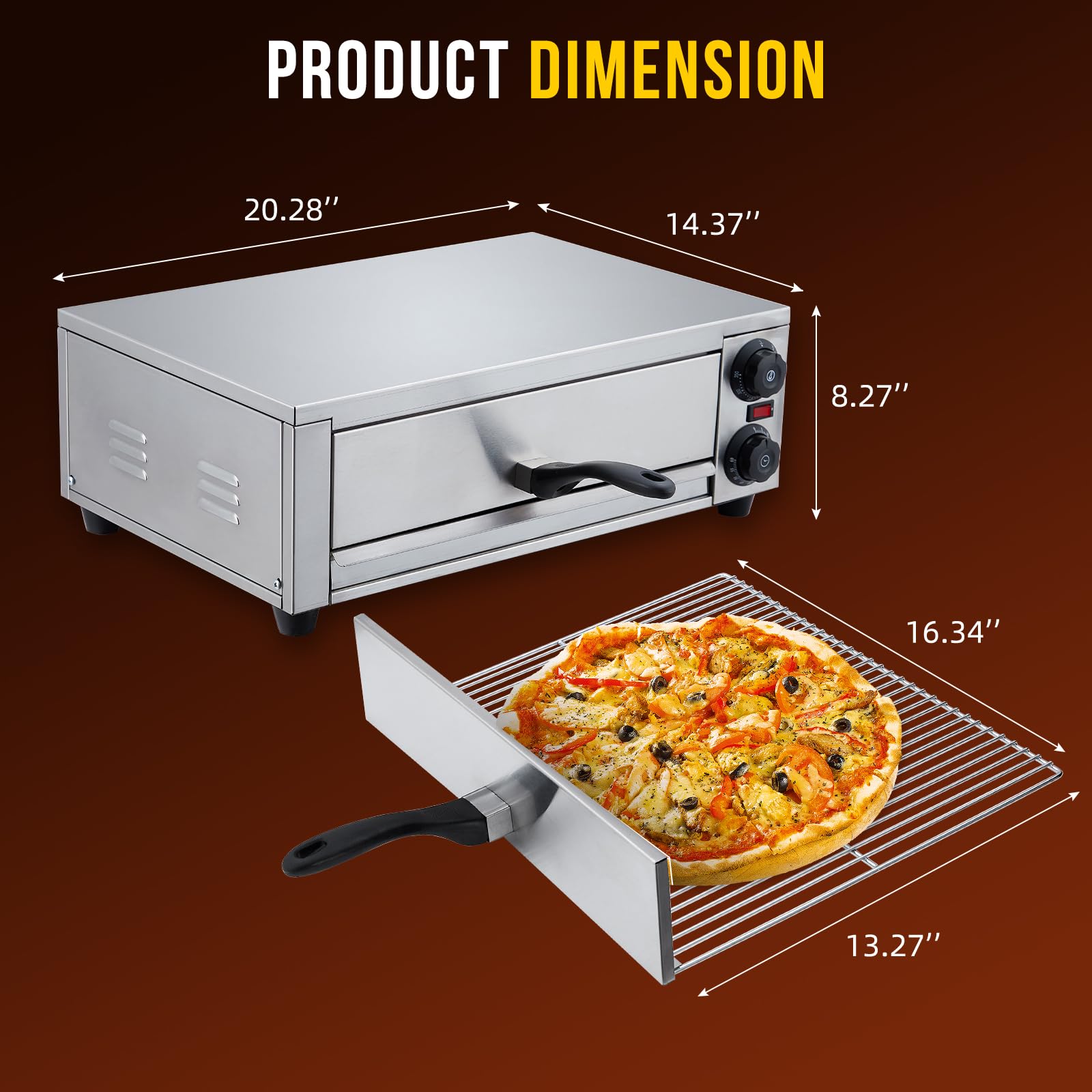 Horno de pizza comercial, horno de pizza eléctrico de 1300 W con bandeja de migas fácil de limpiar, máquina de pizza de acero inoxidable para pizzas de hasta 16 pulgadas para cocina y uso comercial 2