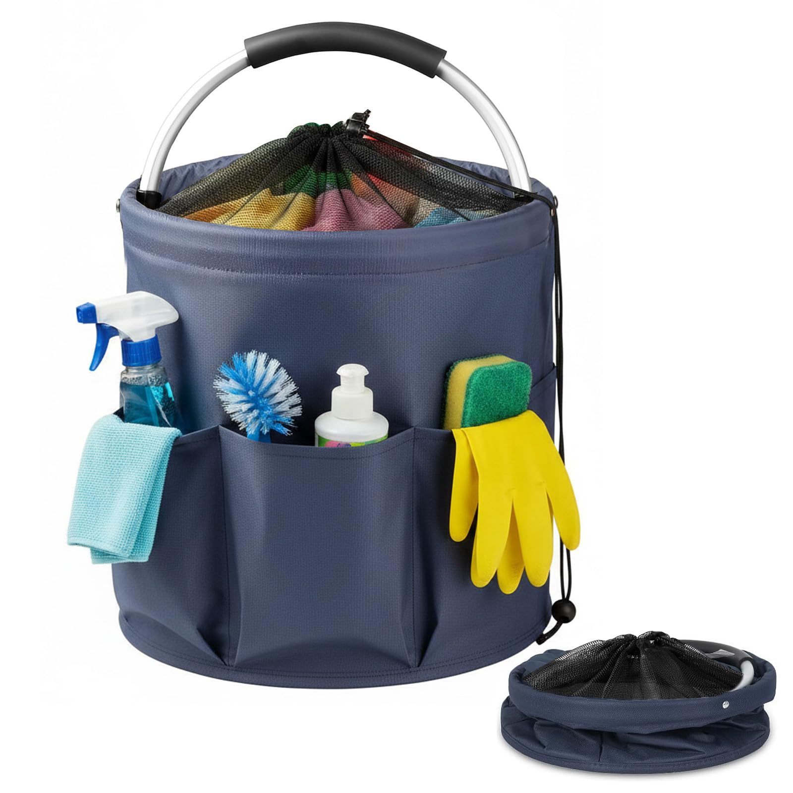 Putzmittel Organizer Korb mit Henkel & Kordelzug, 18L Faltbarer Putztasche | Putzkorb Tragbar mit 6 Taschen, Multifunktionale Werkzeugkorb für Innenbereich, Garten, Unterwegs (Marineblau)