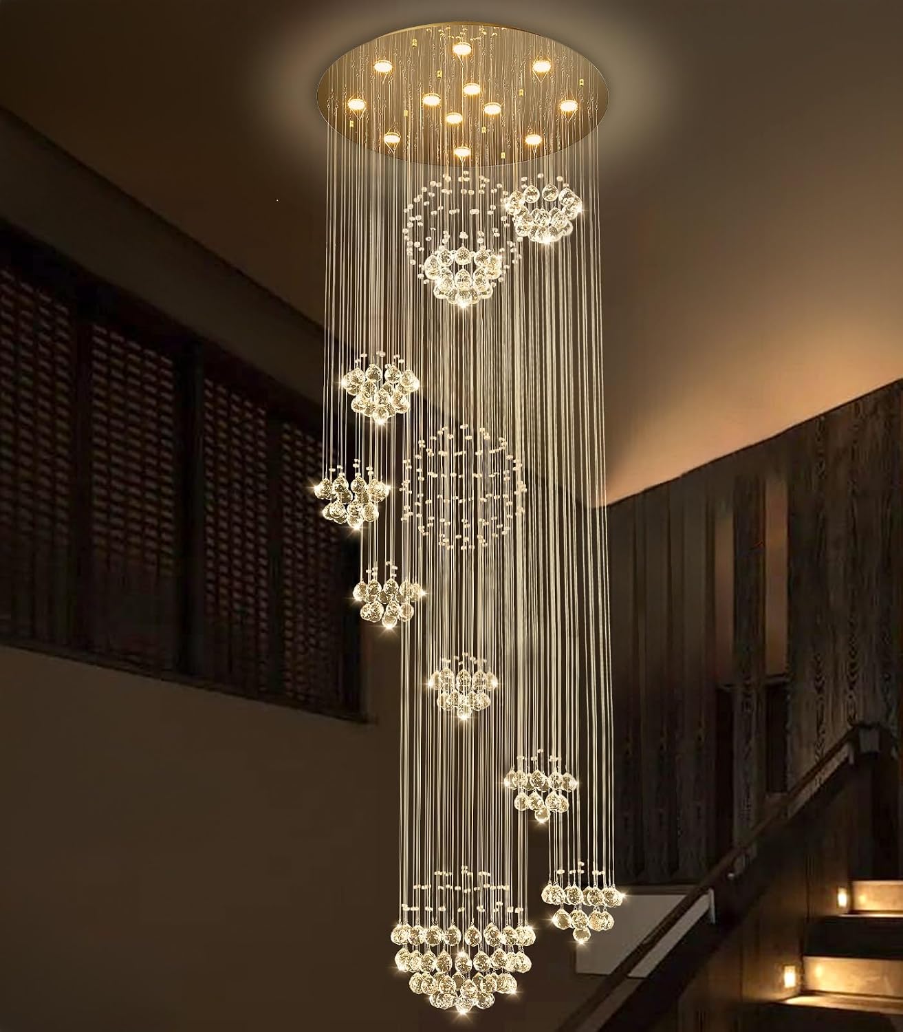 118'' Modern Large Chandelier for Foyer Raindrop Crystal Chandeliers LED Dimmable High Ceiling Flush Mount Light Fixtures for Staircaes Hallway Entryway Gold