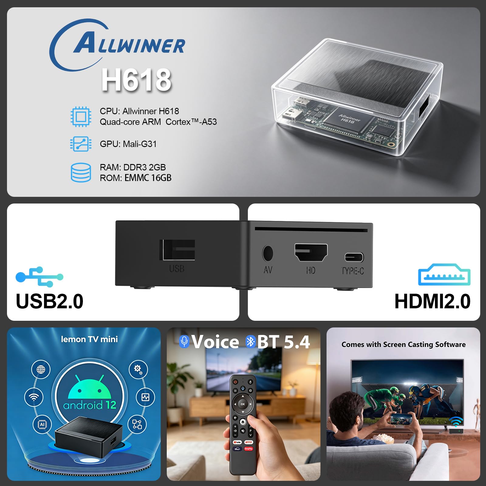 BOXPUT Mini TV Media Player, Android 12.0, 2GB RAM 16GB ROM, H618/2.4G/5G Dual WiFi, BT5.4 Quad Core 4K Ultra HD