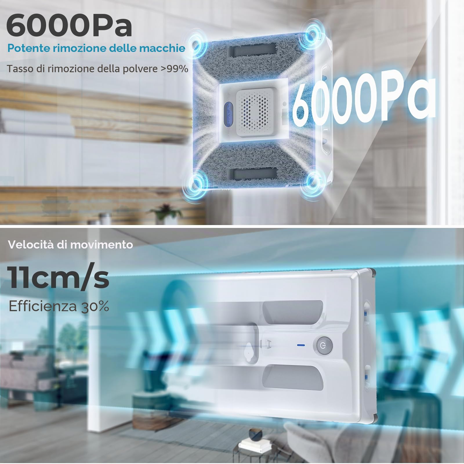 HUTT A1 Robot per Pulizia Finestre, Sistema a Spruzzo a 4 strati, Serbatoio da 150 ml, Potenza di Aspirazione 6000 Pa, Rilevamento Bordi e Ostacoli, Adatto a Vetri, Piastrelle e Specchi, Grigio