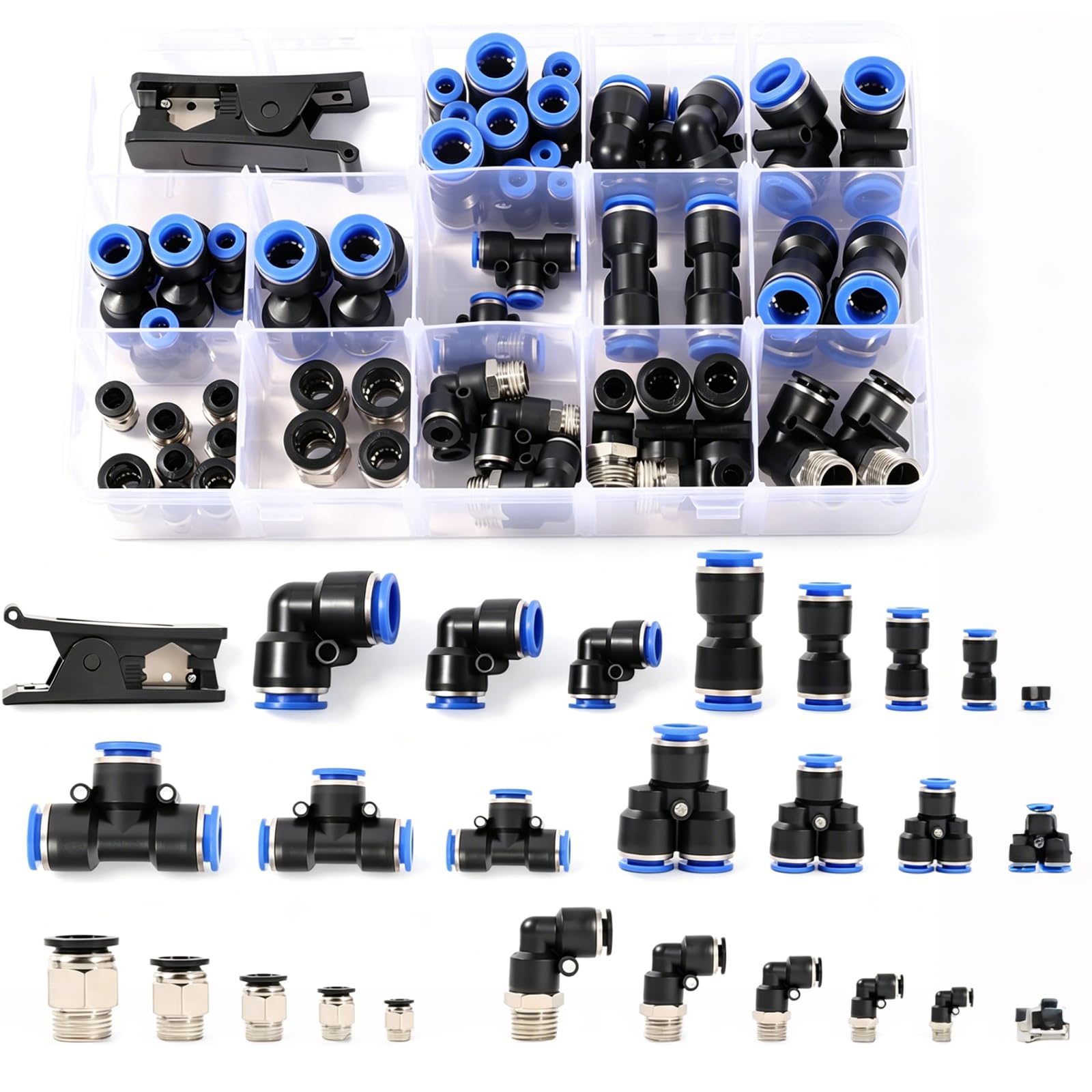 Pneumatic Quick Push in Connect Air Tube Fitting Kit, 52 Pcs Pneumatic Connector Set 1/2 Inch 3/8 Inch 1/4 Inch 1/8 Inch Push in Quick Coupling with Straight Angle T I Y Splitter for Air Hoses