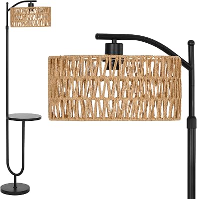 Lámpara de Pie Vintage en Ratán – Estilo Retro Negra con Portalámparas E27, Repisa Integrada, Altura Ajustable 176 cm, Cable 2 m, Interruptor de Pie, para Salón y Dormitorio