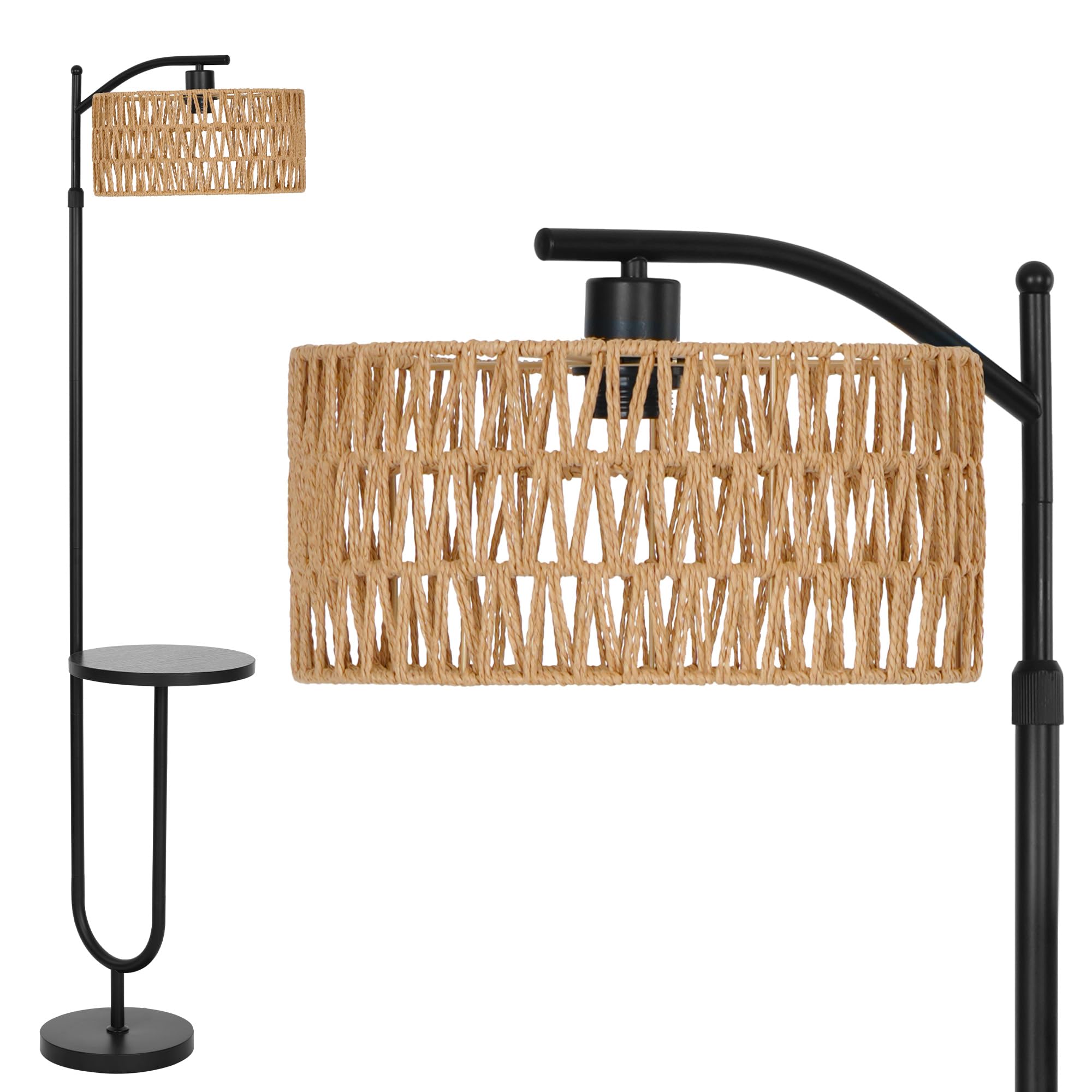 LuminexDesigns Stehlampe Wohnzimmer Vintage Rattan - Stehleuchte Schwarz Retro E27 mit Ablage Höhenverstellbar 176CM Boho Standleuchte mit 2M Kabel Fußschalter Beige Standlampe für Schlafzimmer