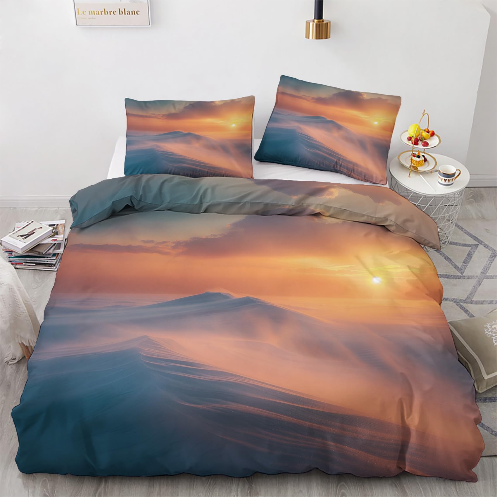 NOGAWA Landscape Bedding Single - Mountain Sunrise Duvet Cover Single, Reversible Quilt Cover & 1 Pillowcase with Zip and Ties, Ultra Soft and Breathable Brushed Microfibre Bed Set