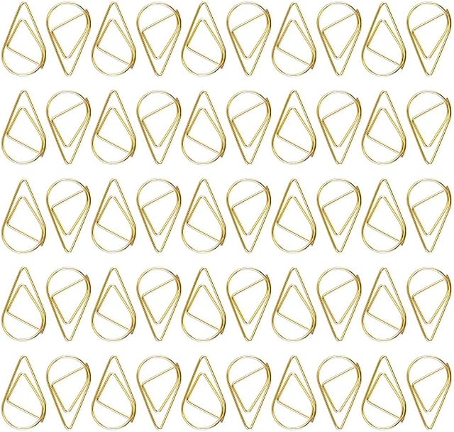 AMACOAM Gold Paper Clips 100 Pieces Paperclips Small Metal Paper Clip Bookmarks Waterdrop Shaped Gold Paper Clamp School Office Supplies for Book, Memo, Paper, Poster, Photo 25x15 mm