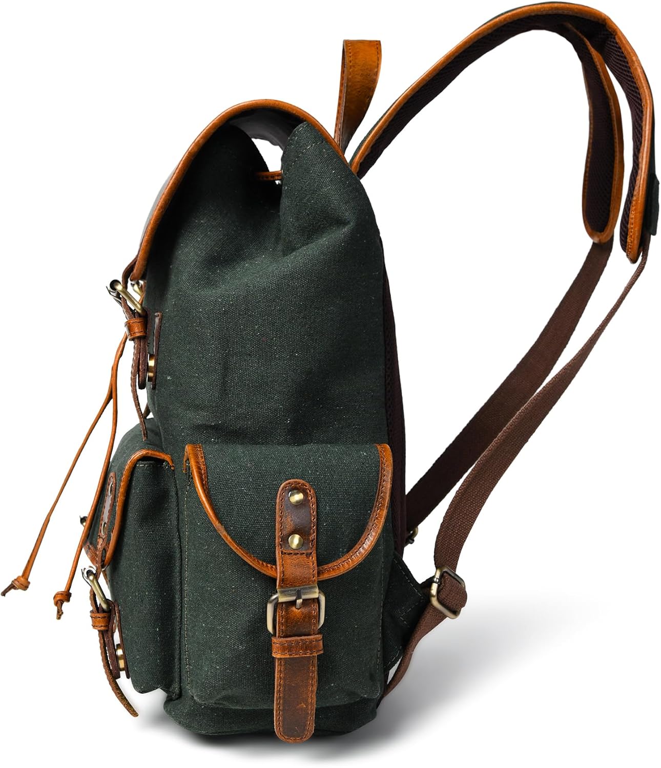 Leather Canvas Backpack Durable Vintage Large Travel Laptop Bag for Men & Women Work Hiking School (Oily Green)
