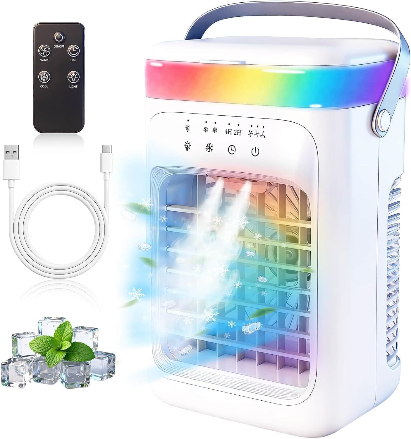 2026 New 4-in-1 Portable Air Conditioner Fan, Sound ≤30dB Mini AC Unit, 12H Runtime, 1000ML Evaporative Air Cooler, 3 Speed & 2 Mist, Remote, USB, Timer, 7-Color LED for Bedroom Office Car (1)