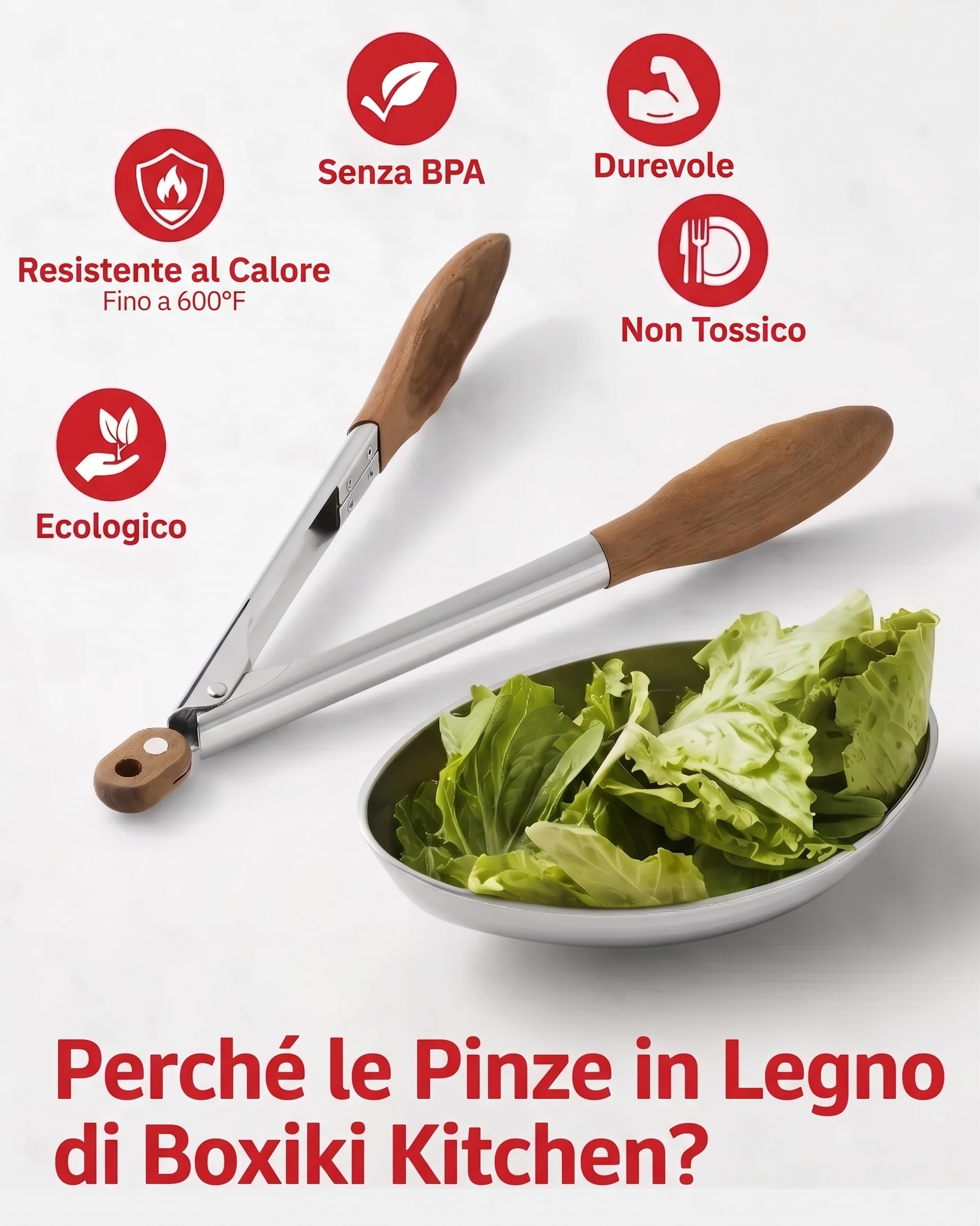 Pinze da cucina con punte in legno di noce 30cm - Pinze cucina legno antigraffio per pentole antiaderenti, barbecue e insalata - Acciaio inossidabile resistente al calore, atossiche senza BPA