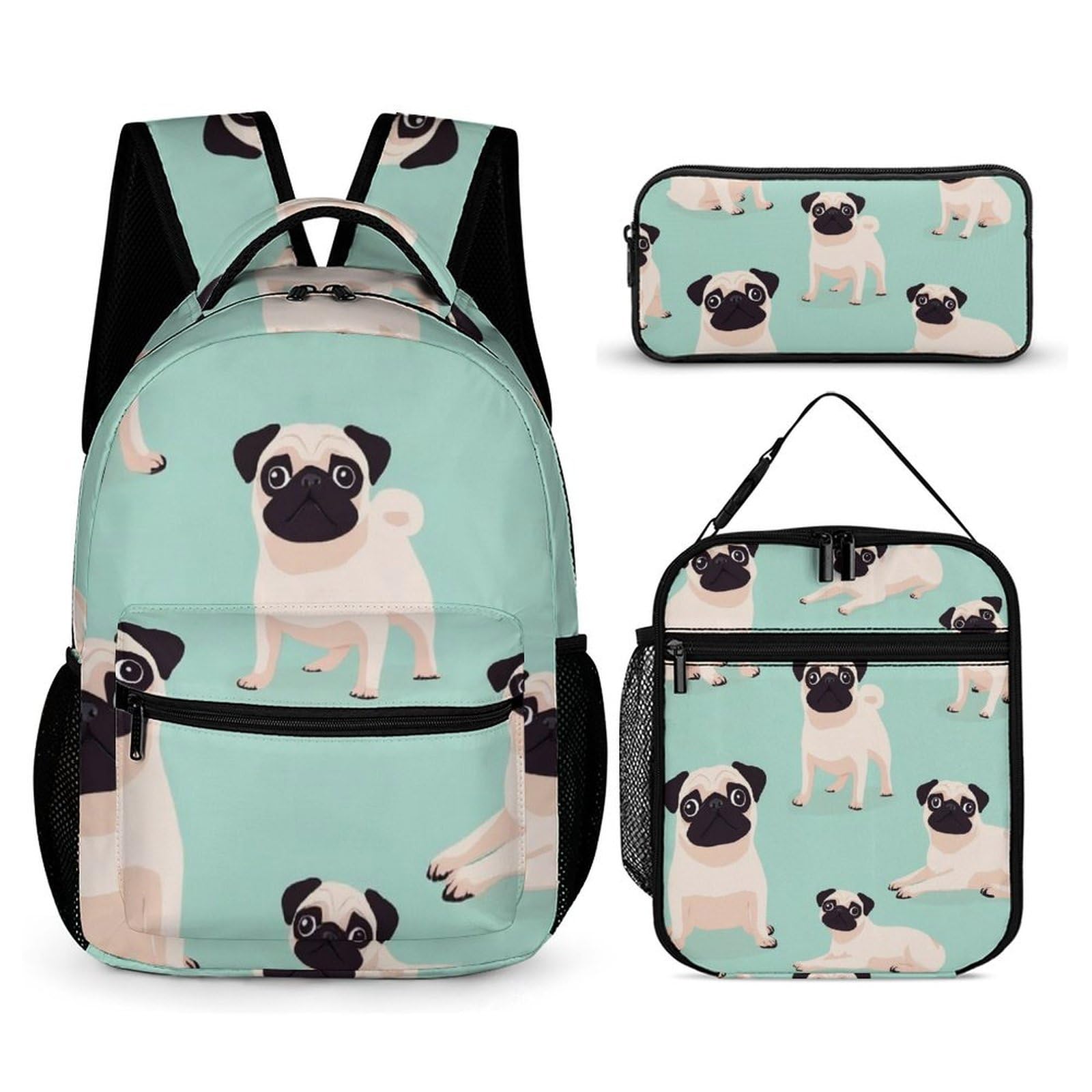 Ensemble sac à dos avec boîte à lunch, trousse de maquillage, motif carlin et sac de rangement