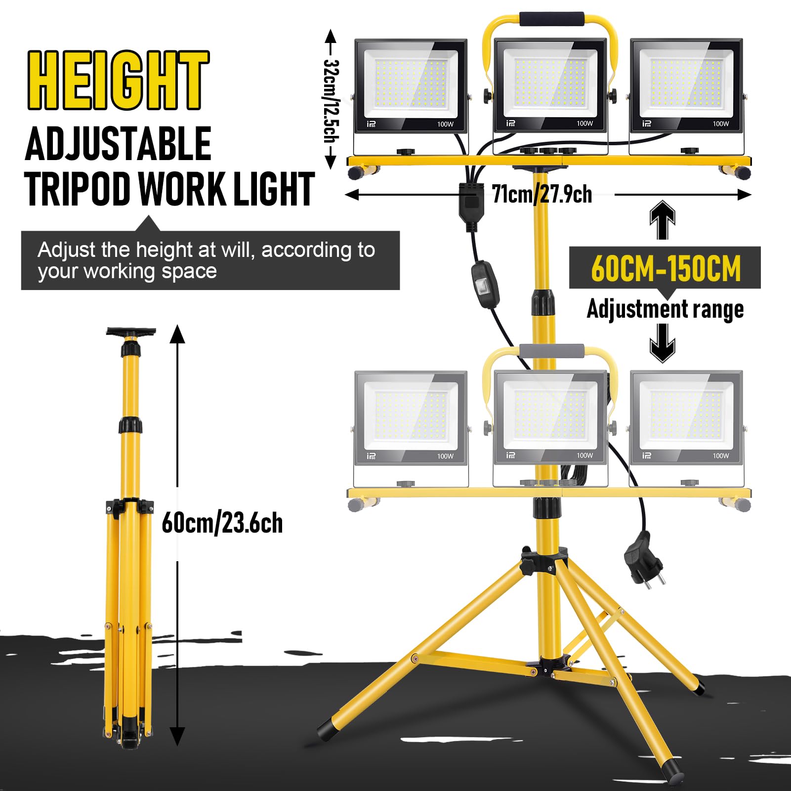 Foco de Trabajo LED 300W con Trípode Telescópico, 30000LM 6500K Foco de Trabajo LED con Enchufe Cable de 3m, Rotación de 360°, IP66 Impermeable Luz de Trabajo para Taller, Obras, Garaje