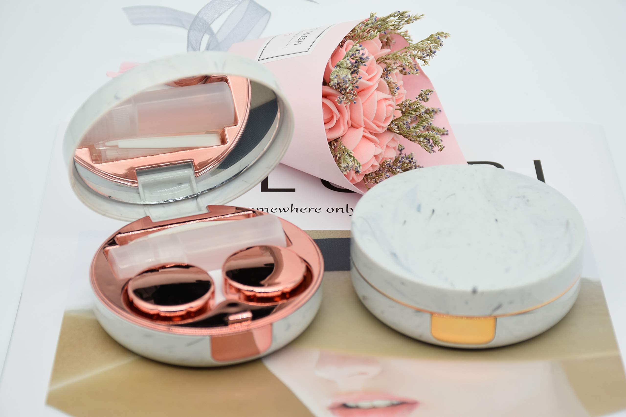 Confezione da 2 custodie per lenti a contatto in marmo, kit di stoccaggio per il contatto da viaggio (oro rosa + oro)