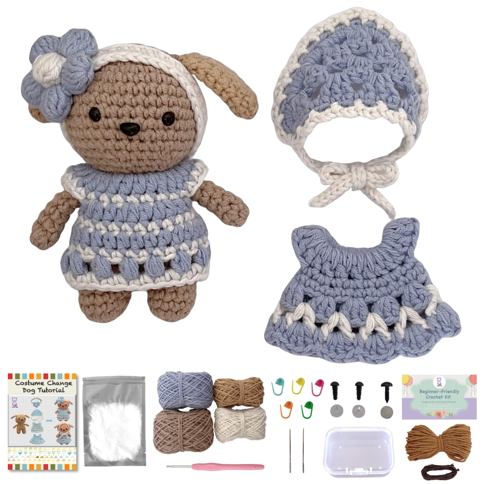 LoopMap Kit de ganchillo para principiantes, kit de bricolaje de animales amigurumis con trajes extraíbles, tutorial en video, proyecto de práctica, kit de inicio todo en uno con hilo extra, regalo