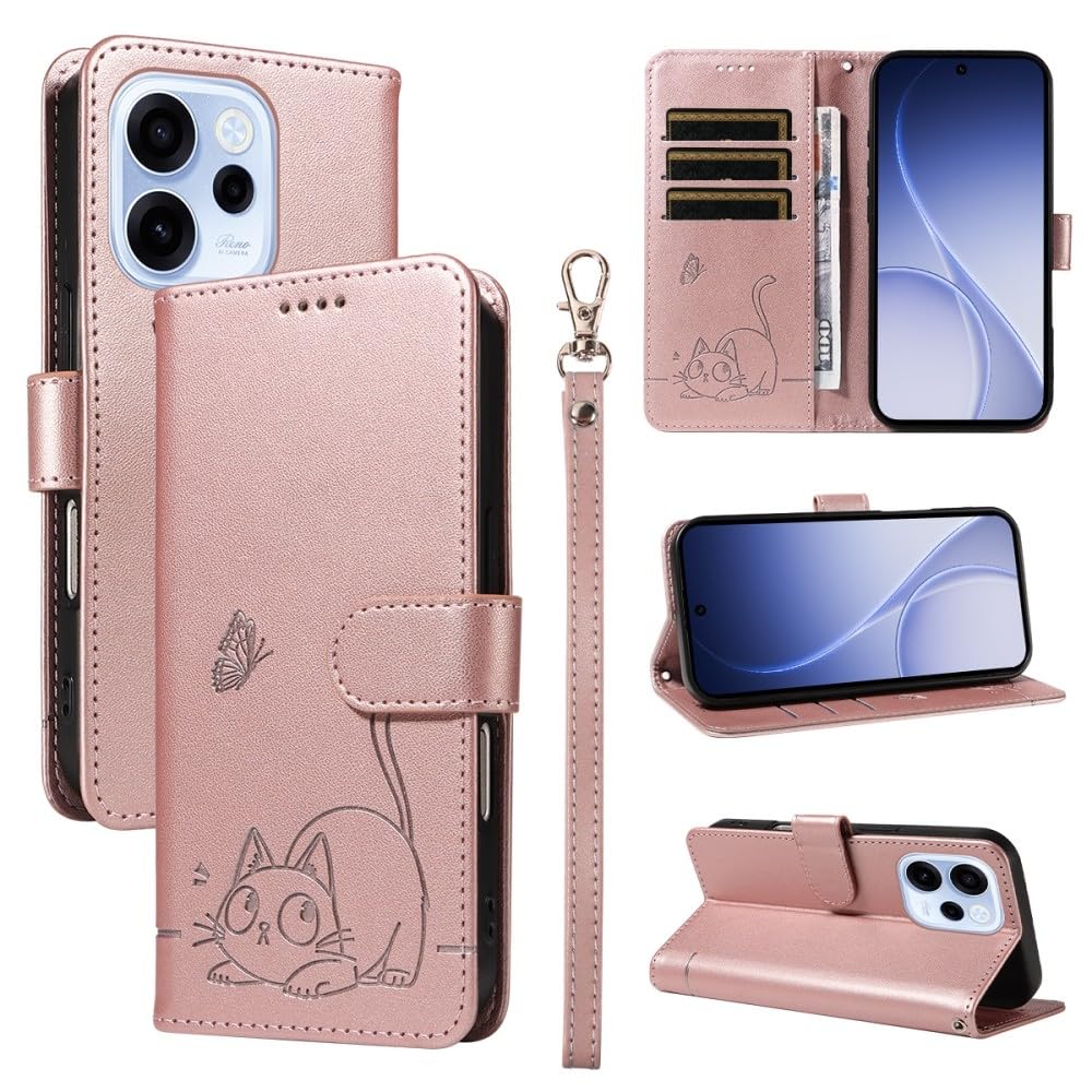 Generic Étui compatible avec Oppo A94 5G (Couleur : or rose) Motif CAT Papillon Portefeuille en cuir Étui à rabat
