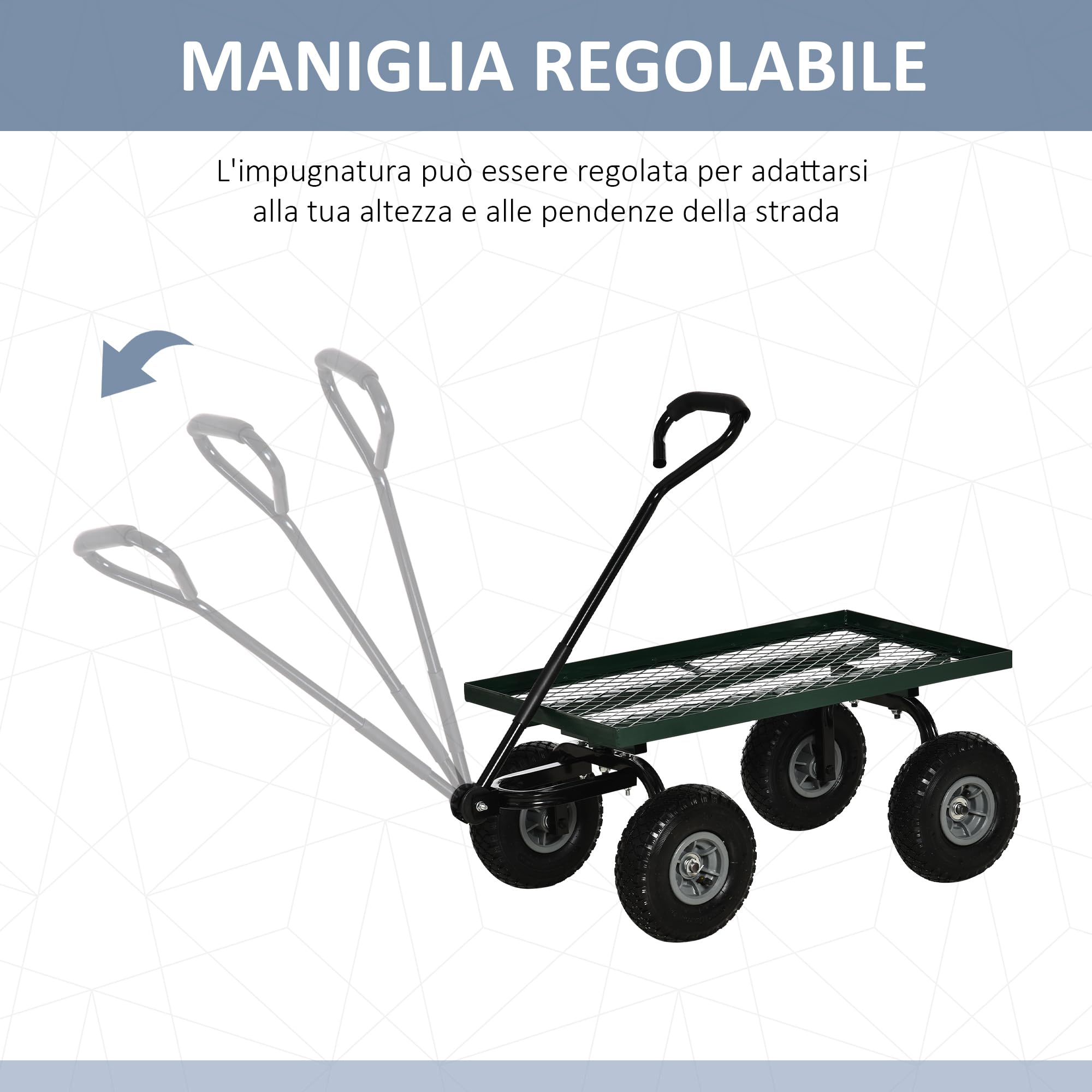Carrello Da Giardino Outsunny 150kg - 4 Ruote Gonfiabili Ø24cm, Maniglia Rivestita, Verde/Nero - Foto 7