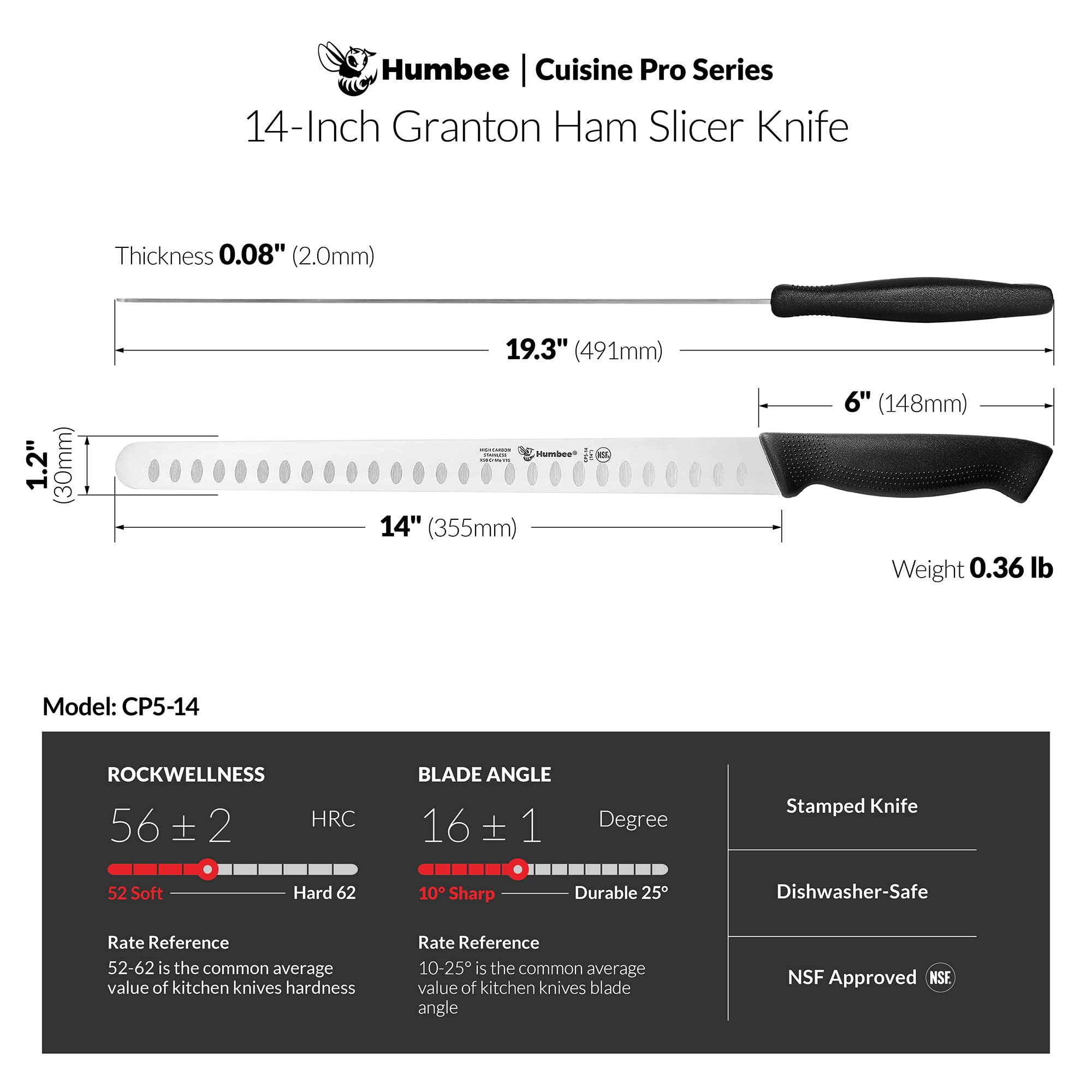 Carving Knife 14-Inch with Razor Sharp Granton Edge for Turkey, Ham, Meat Slicing and Cutting – NSF Certified, German Stainless Steel Blade, Black — Amazon image 4