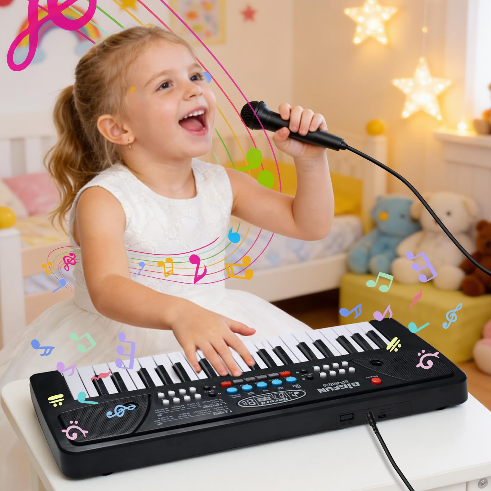 Tastiera Musicale per Bambini con Microfono – Pianoforte per Bambini 37 Tasti, Mini Pianola con Funzione di Registrazione, USB/Batteria