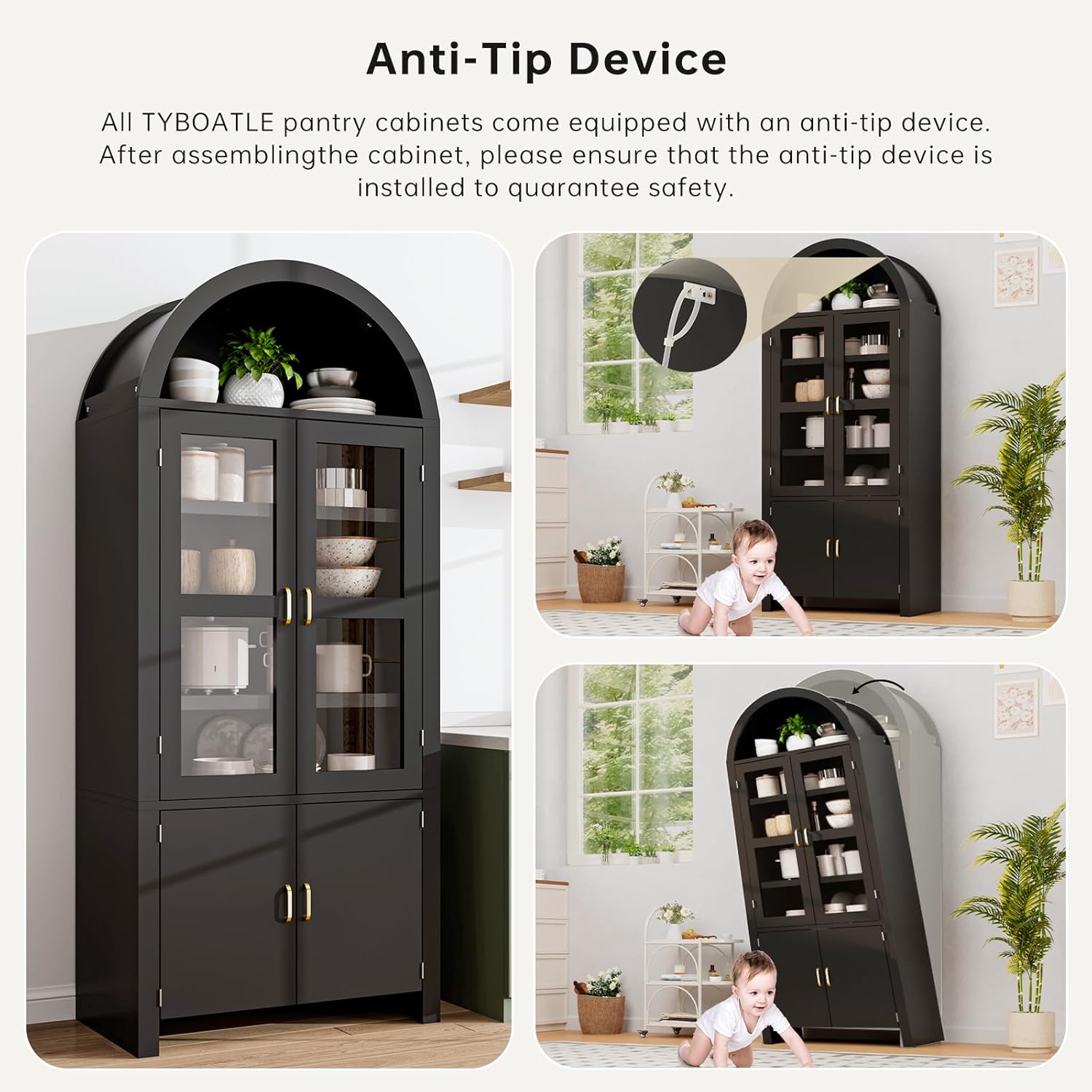 71" Tall Arched Kitchen Pantry, Modern Farmhouse Wood Kitchens Storage Cabinets, Versatile Cupboard for Dining Room, Kitchen, Bathroom, Black