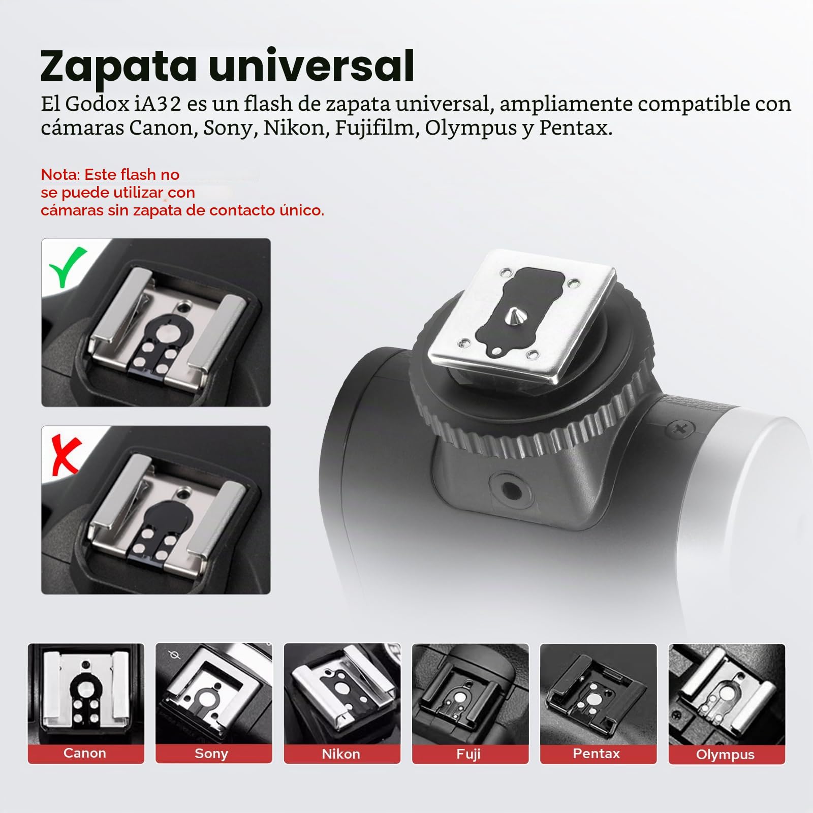 GODOX iA32 Mini Flash de Cámara, Flash de Zapatos Calientes con Salida de Potencia de 8 Niveles, 490 Flashes de Potencia Completa, Control óptico S1/S2, Zapata de Contacto único