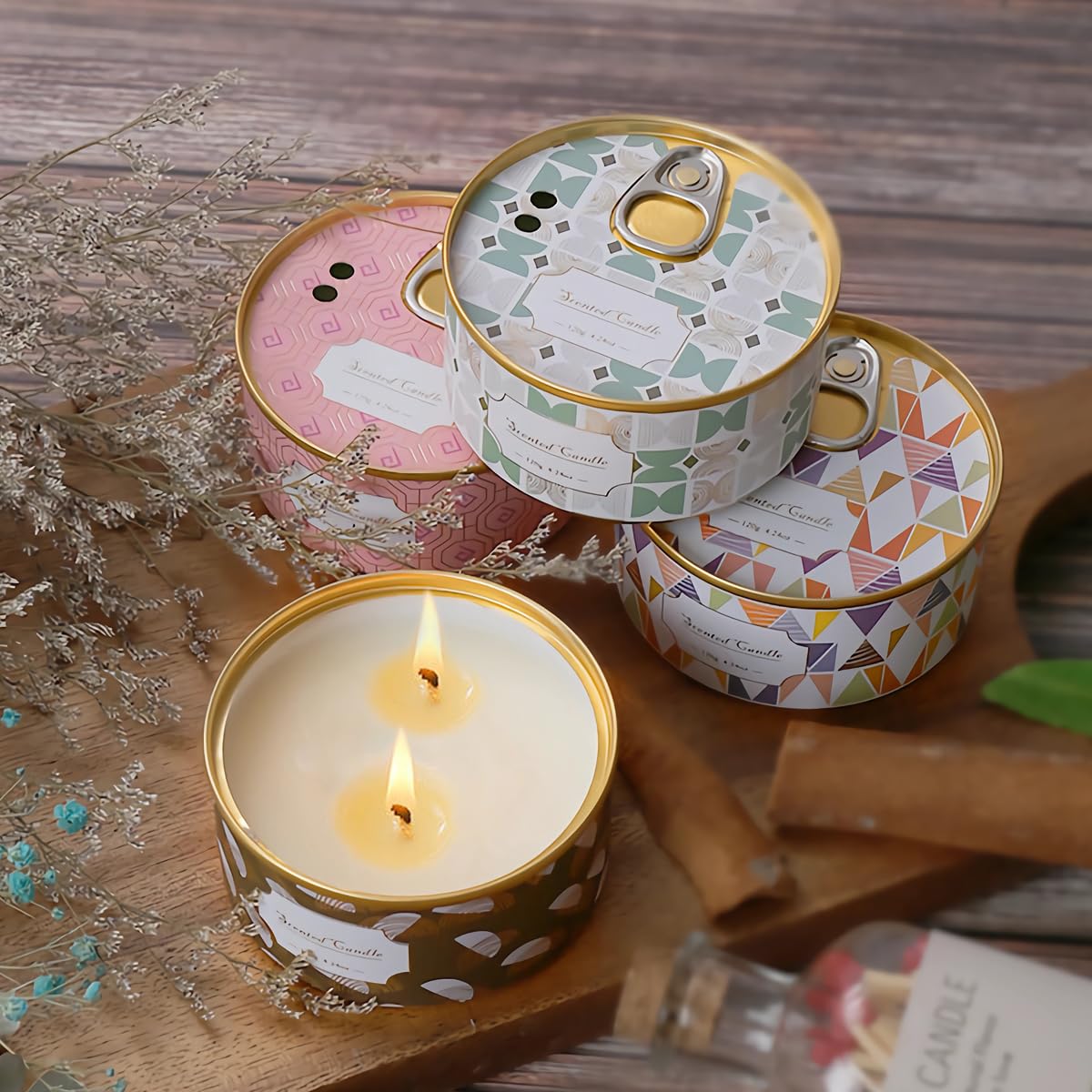 Scented Candles Gift Set 480g Aromatherapy Candle for Home Scented, Natural Soy Wax Fragrance Candle with Essential Oil, Non-toxic Air Freshener Candle Ring-pull Can for Bath Spa Yoga Christmas 4 Pack