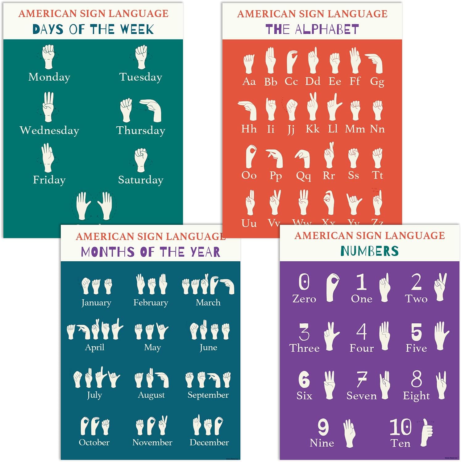 Hubble Bubble Kids 4 American Sign Language Posters โ American Sign Language Posters for Classroom Include Days, Months, Numbers and Sign Language Alphabet Poster. 13x17 inch.