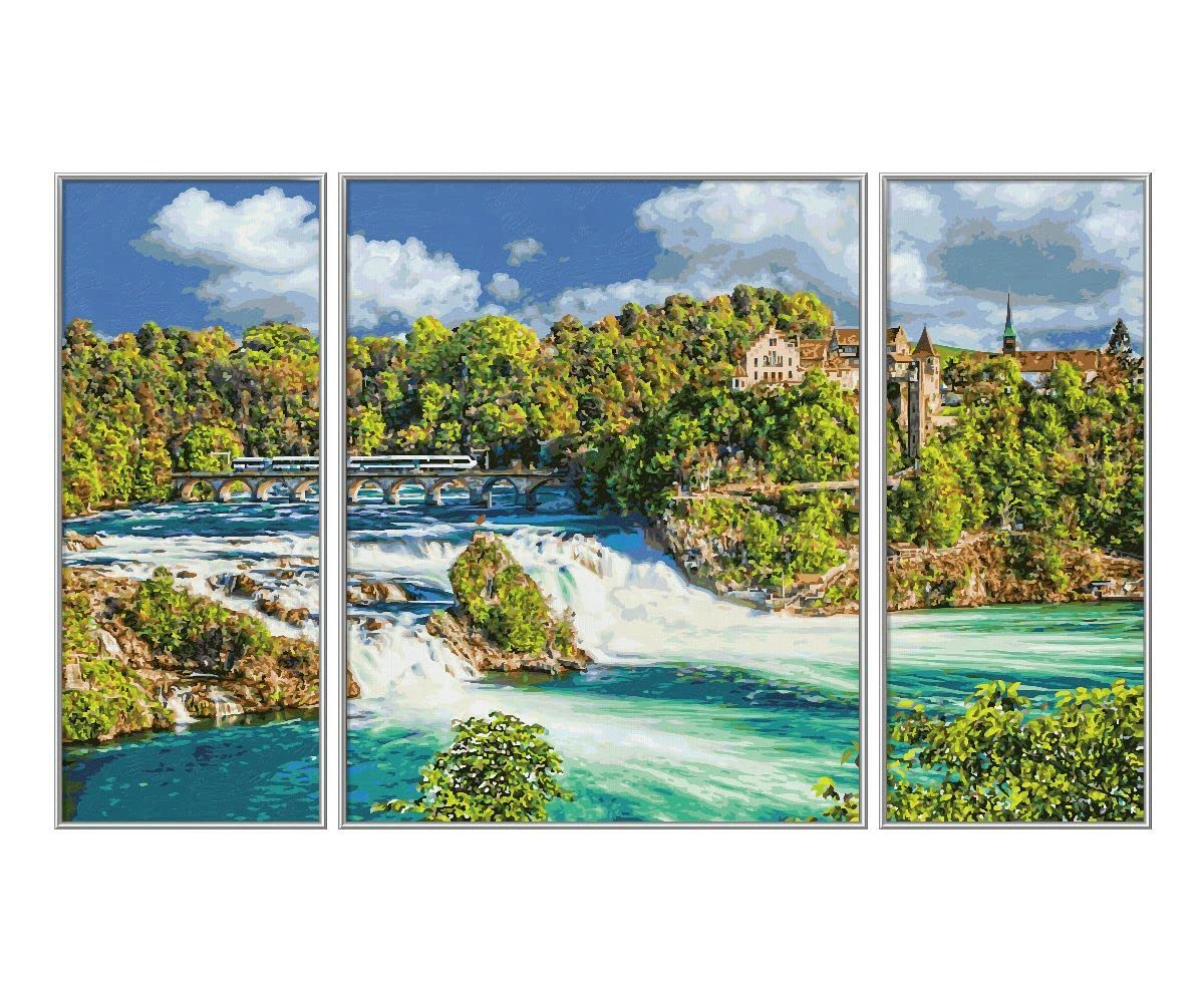 Schipper 609260888 Dipingere con i Numeri, Spettacolo Naturale Rheinfall, Pittura per Adulti, Inclusi pennelli e Colori acrilici, trittico, 50 x 80 cm