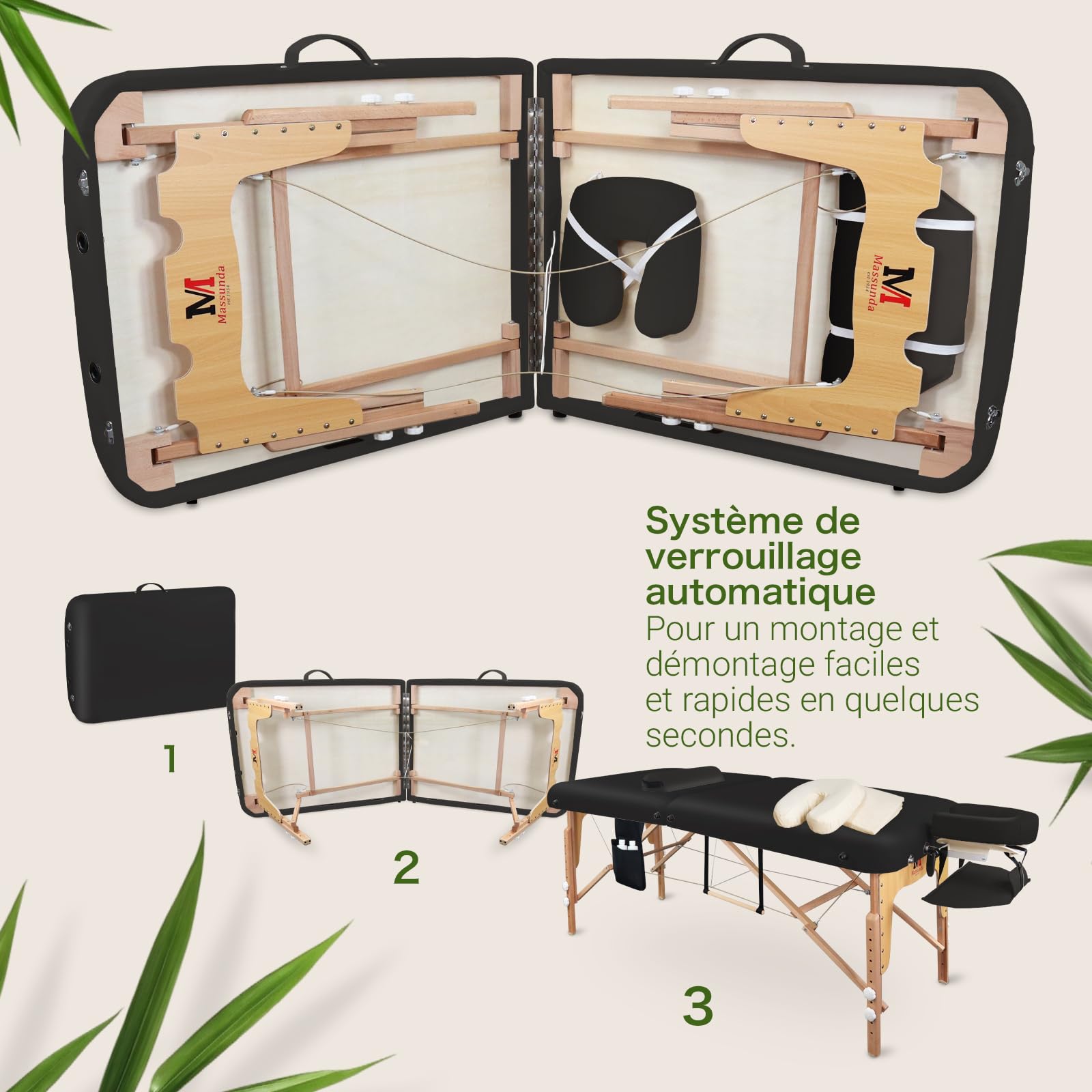 MASSUNDA - Mobile Comfort Deluxe Table de Massage réglable en Hauteur, Table de Massage Pliante Large en Bois Massif, Tables de Massage, Professionnelle (Noir)
