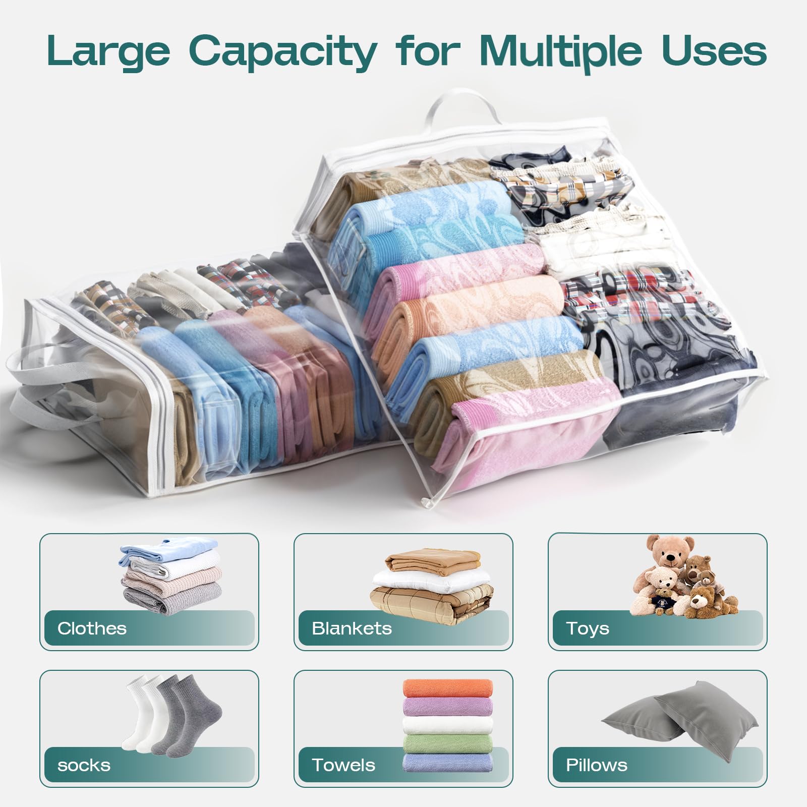 Paquete de 10 bolsas de almacenamiento transparentes con cremallera para ropa, ropa de plástico de 22 litros y organizadores de almacenamiento debajo de la cama, bolsas de almacenamiento para ropa de