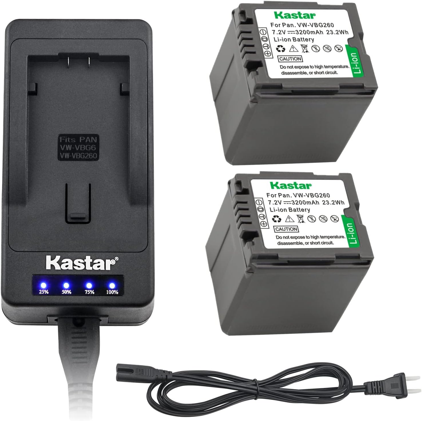 Kastar LED Super Fast Charger + 2 Battery Replacement for Panasonic VW-VBG260 VW-VBG130 AG-AC7 AF100 AG-HMC40 AG-HMC80 AG-HMC150 HDC-HS250 HDC-HS300 HDC-HS700 HDC-SD600 HDC-SD700 HDC-SDT750 HDC-TM300