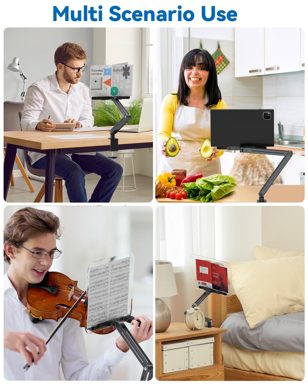 Soporte de escritorio acrílico para lectura, diseño ergonómico, altura ajustable de hasta 20 pulgadas con base giratoria, apto para recetas, partituras, tabletas (gris)