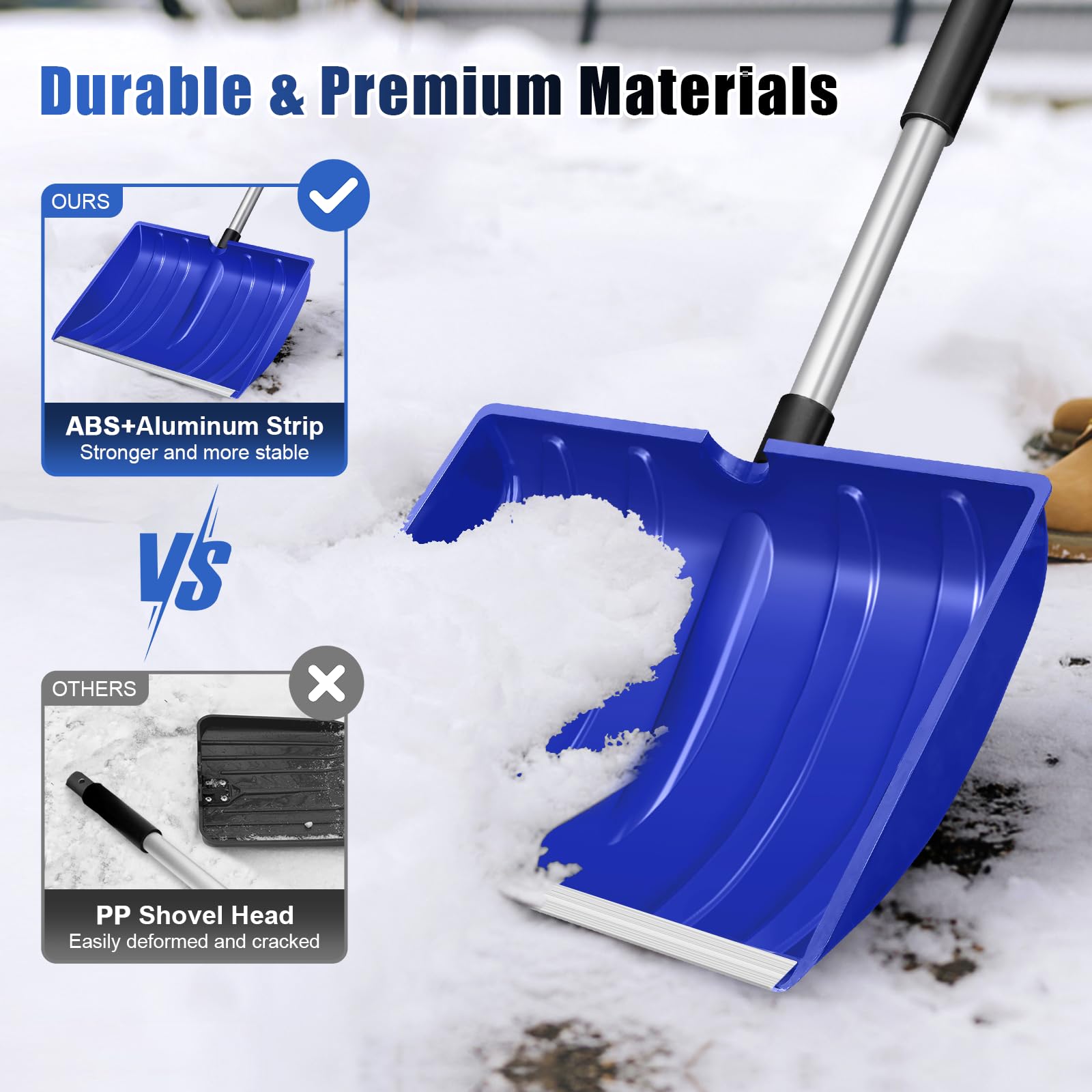Large Portable Snow Shovel for Driveway: 52-Inch Extended Lightweight Snow Shovel for Snow Removal - Wide Snow Shovel with Ergonomic D-Grip Handle and Durable Aluminum Blade for Garden, Car, Camping