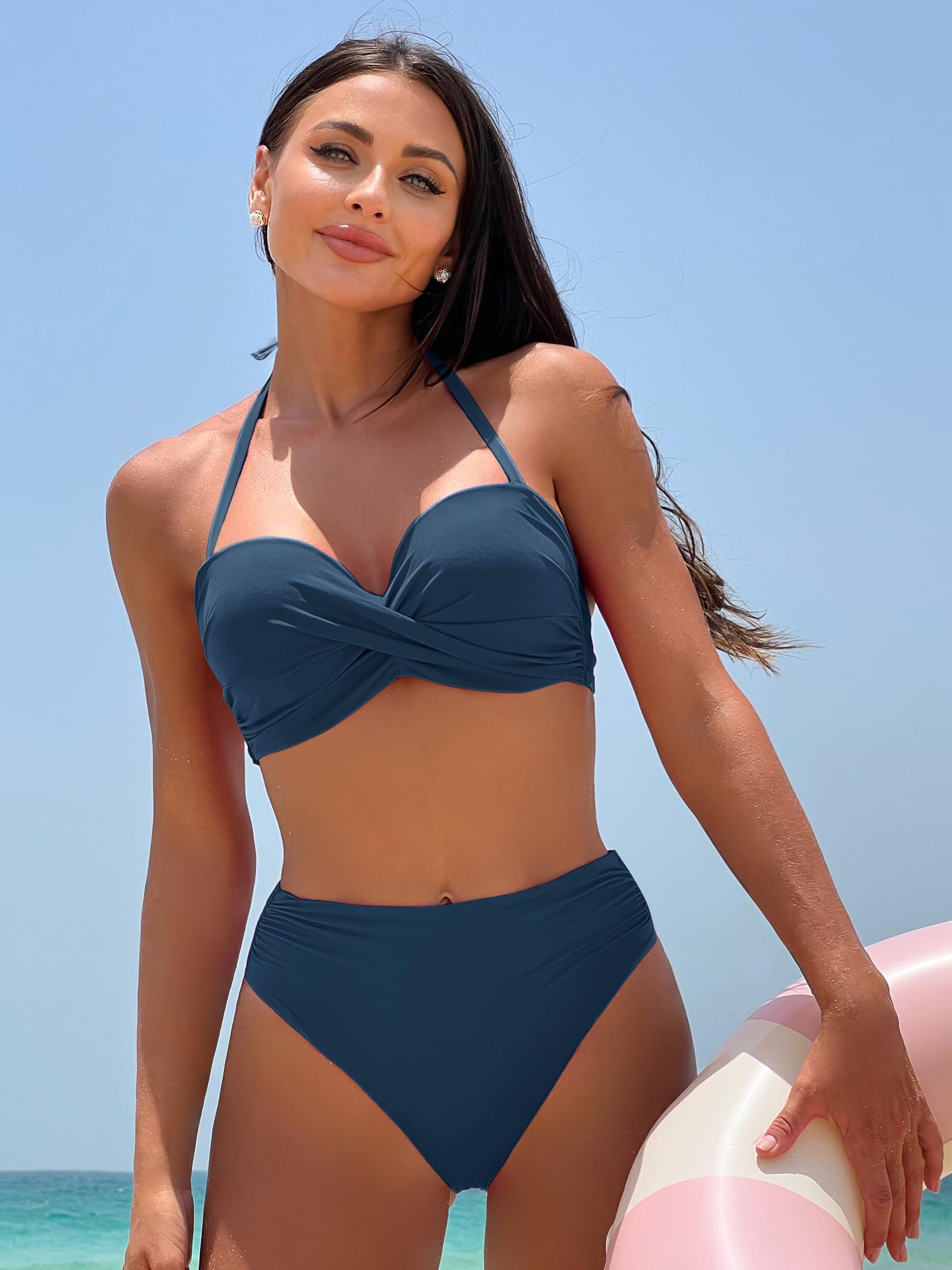 DOBREVA Parte Superior de Bikini Mujer Aros Pecho Relleno Halter sin Tirantes Sexy Sujetador