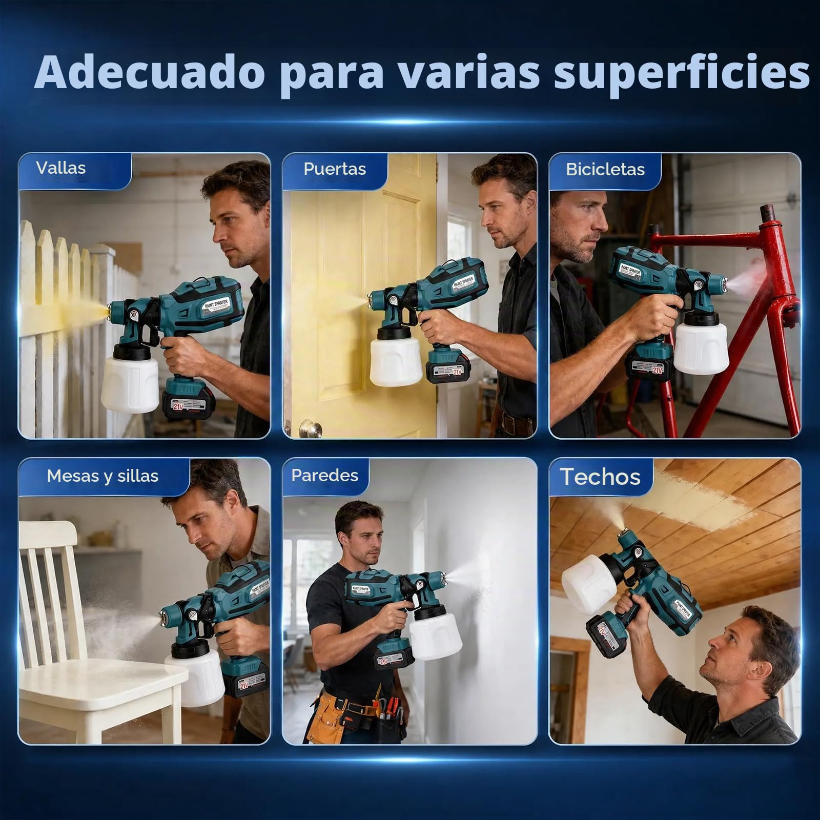 Pistola Pintura con Batería de 21 V, Pulverizador de Pintura con 3 Patrones de Rociado, HVLP Pistola con 2 Baterías de 4000 mAh y lámpara，Cargador para Cercas, Paredes, Techos y Pintura del Hogar.