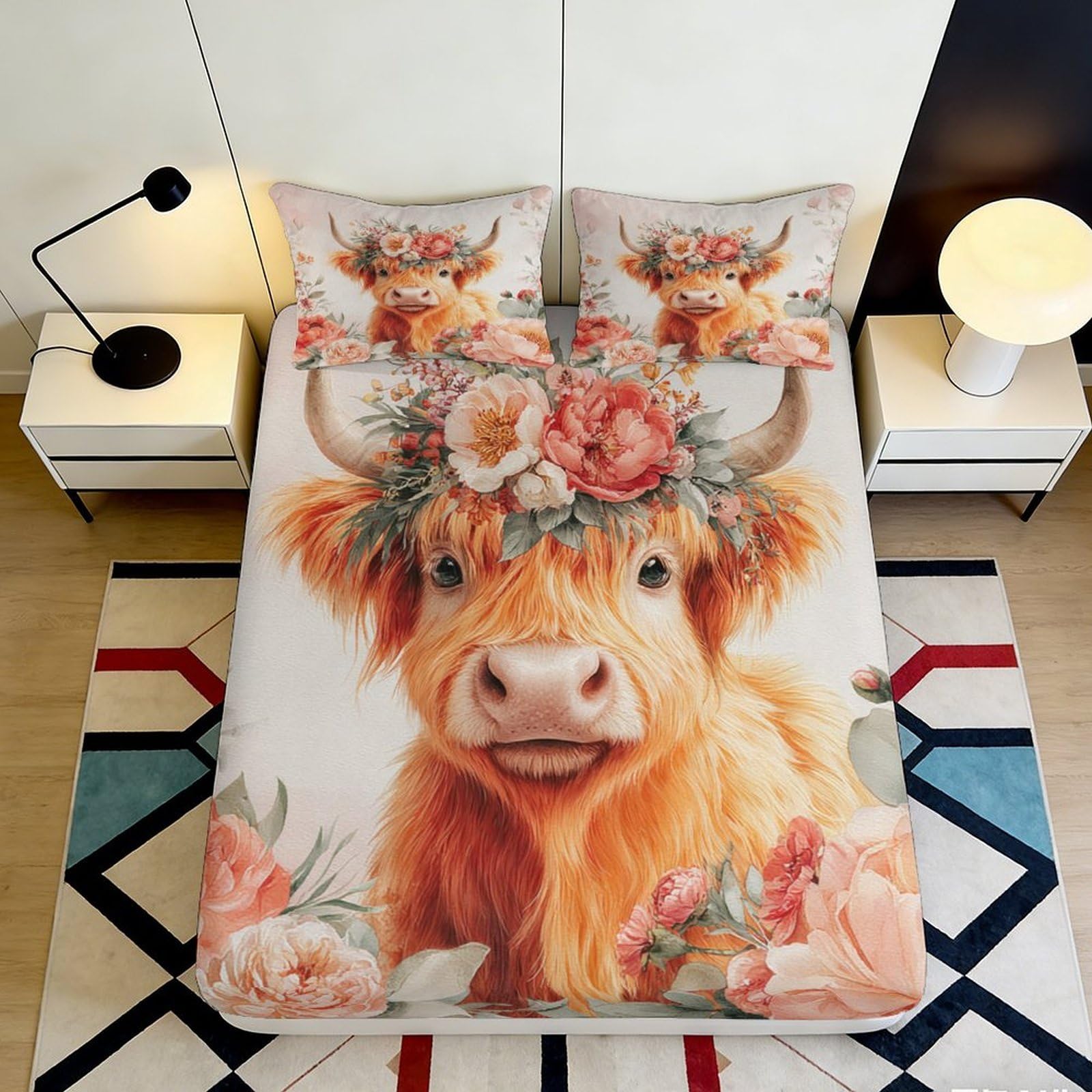 3D Printed Highland Cow Floral Fitted Sheet Microfiber Soft Durable Vintage Bed Cover for Bedroom Dormitory Guest Room Mattress Protection 160x200x25cm
