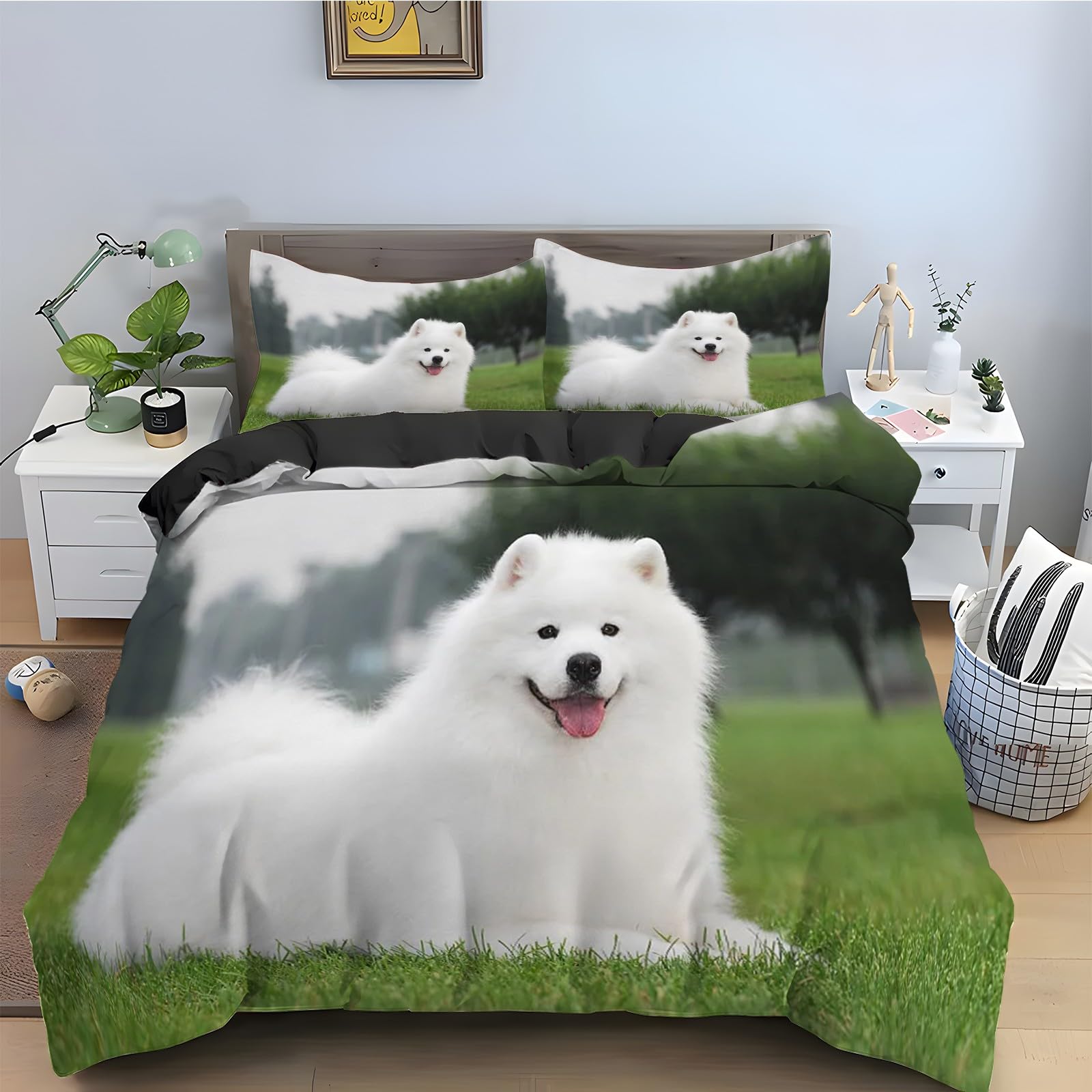 Housse de couette 160x200 Samoyède parure lit blanc 3 pièces