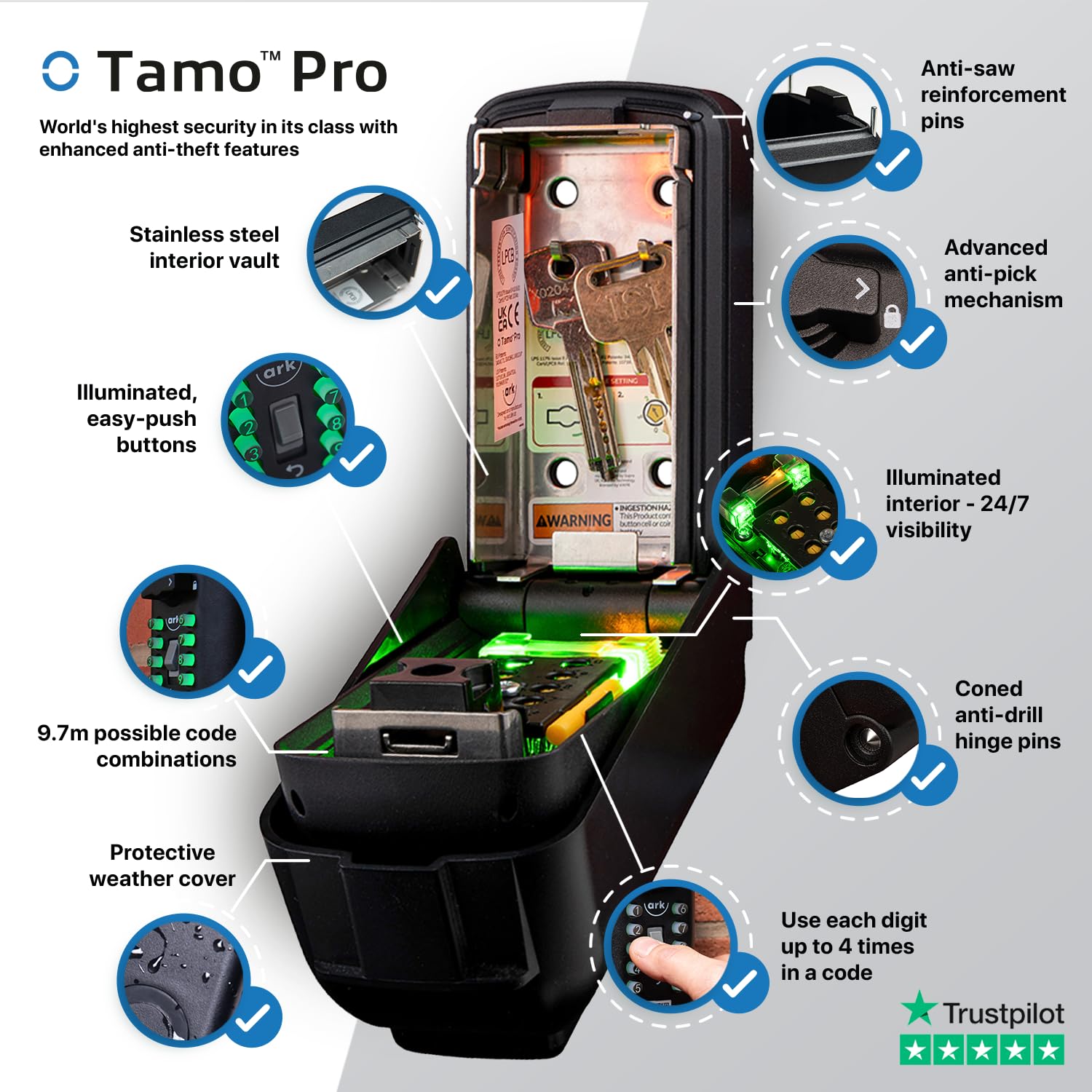 ark Tamo Pro - Caja de seguridad para llaves de pared para exteriores, con botones multipulsadores iluminados, caja de seguridad con combinación de código de 9,7 m, ideal para el hogar, Airbnb y