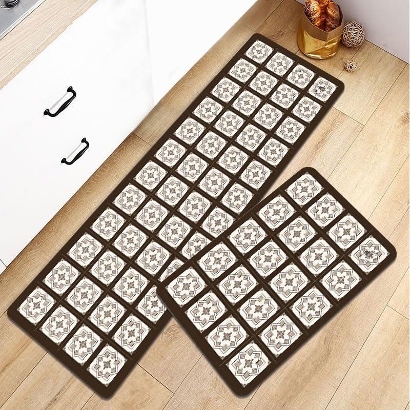 Image of HomeCloud Rubber Kitchen Mats for Floor Set of 2 Pcs|Non-Skid, Soft Absorbent Rugs for Kitchen, Laundry, and Hallway|120x40cm, 40x60cm| 4mm Thickness (Brown White Multi)