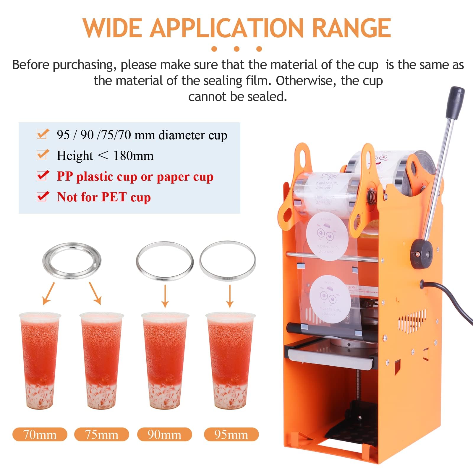 YJINGRUI Machine à sceller des tasses commerciale manuelle à bulles pour tasse de thé à bulles de 90/95/70/75 mm de diamètre, 300 à 500 tasses/heure (machine à sceller)